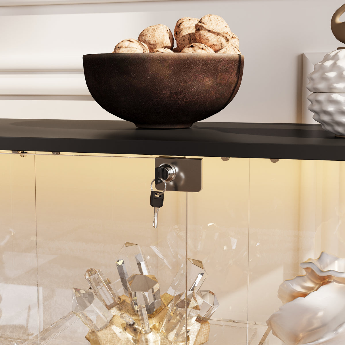55.1" Modern Black Sideboard Display Case with LED Lighting & Full Glass Design