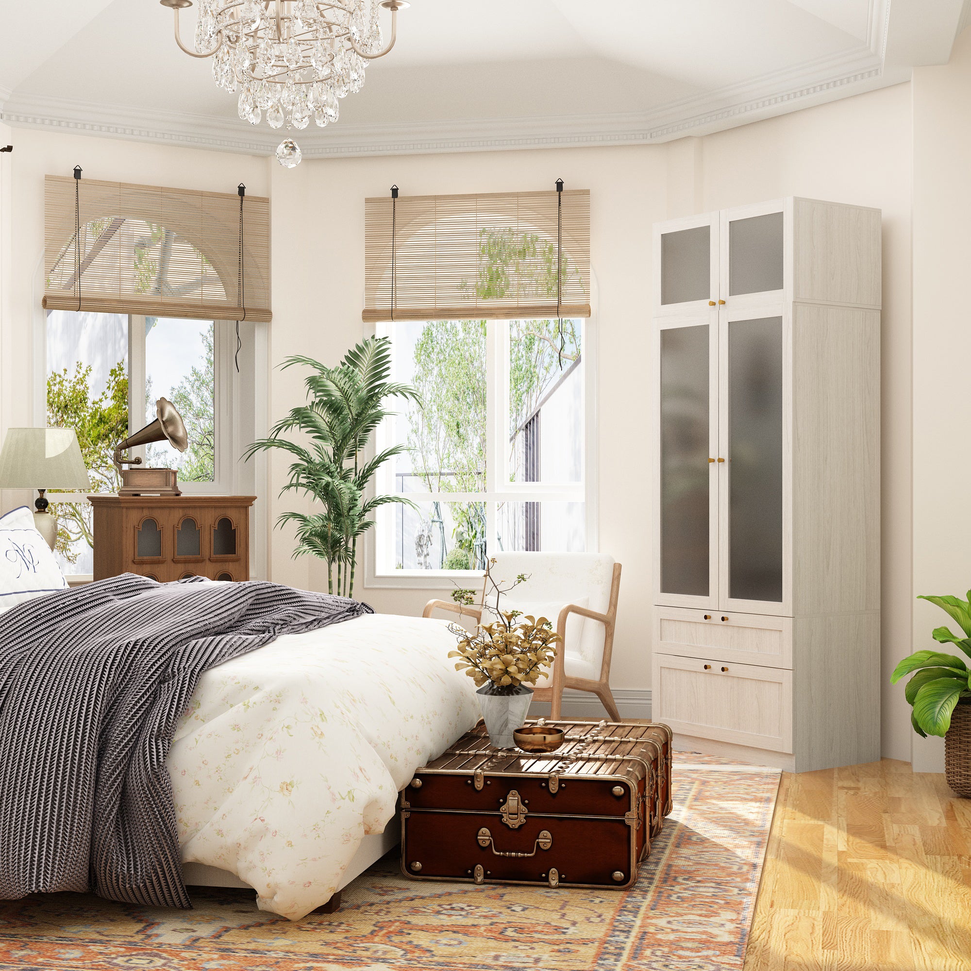 Modern White Wardrobe With Frosted Glass Doors, Two Drawers, And Hanging Rail – Spacious Storage Solution For Bedrooms