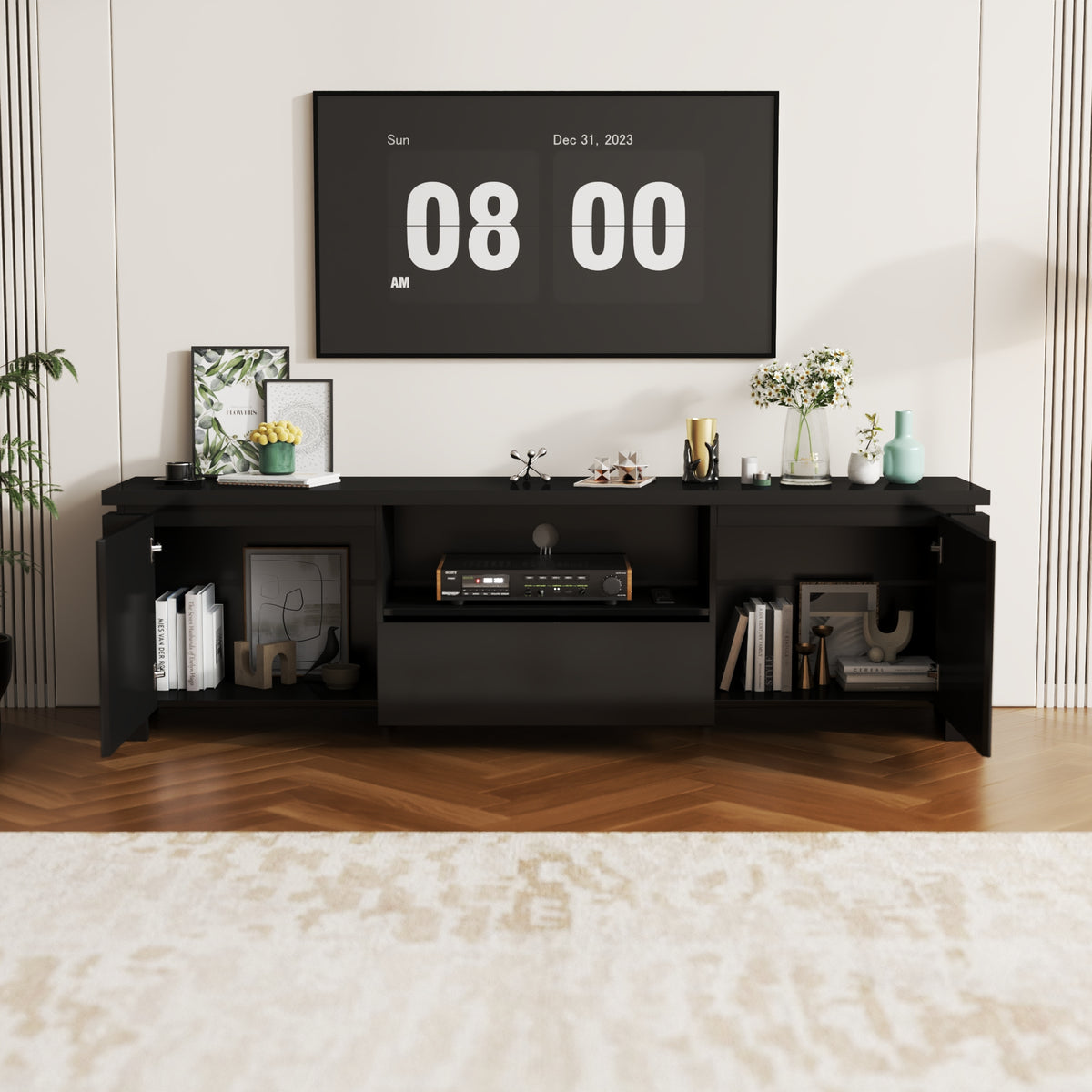 70" Modern Black TV Stand with LED Lights & Storage