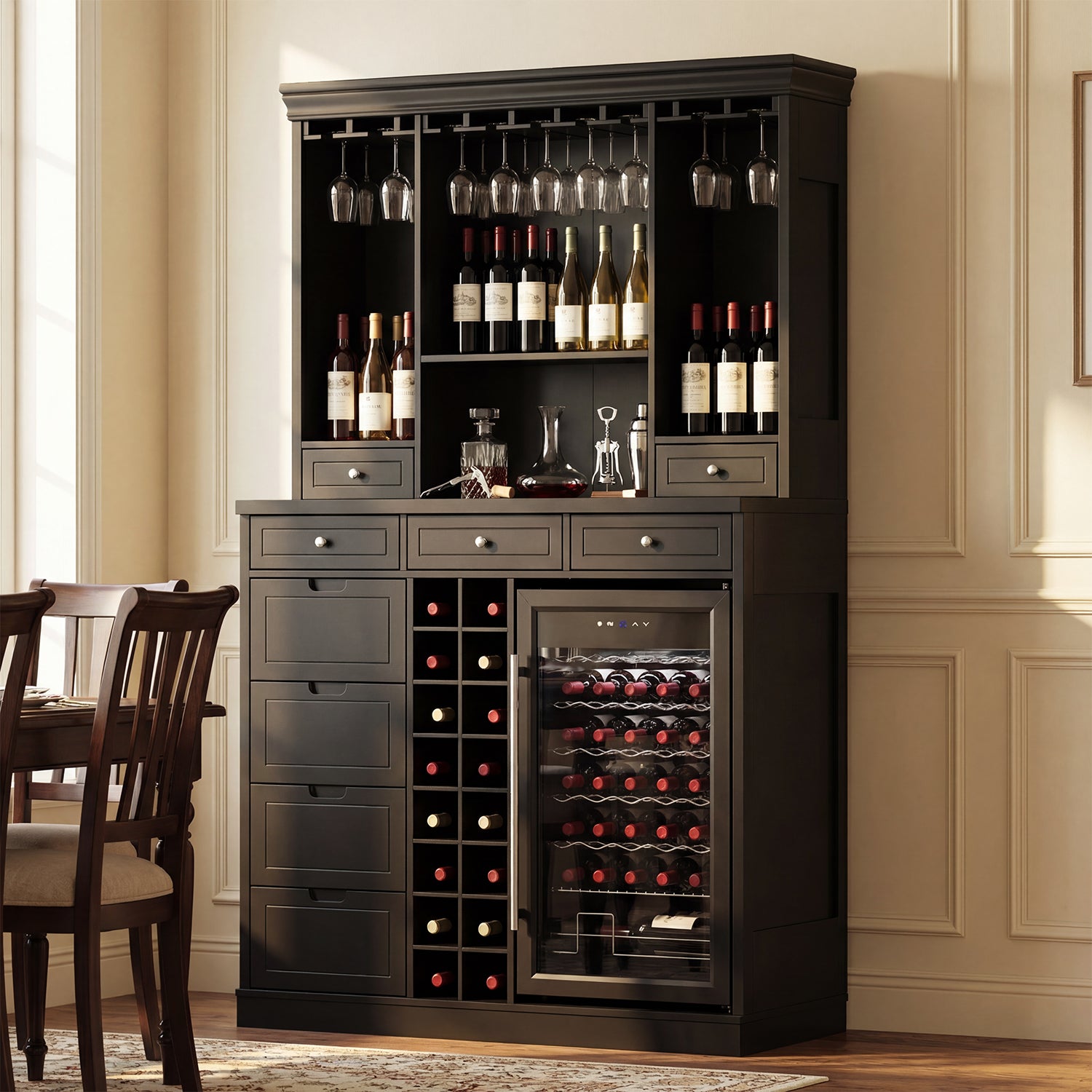 Wine cabinet with wine bottles and glasses in a home setting