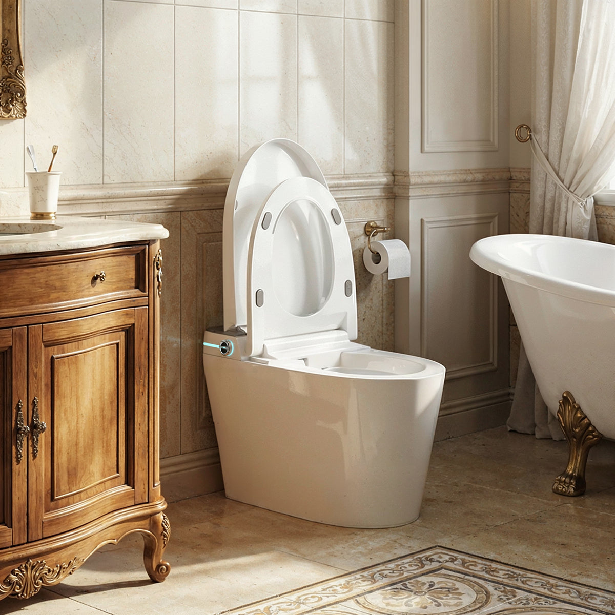 White smart toilet with compact one-piece design and side control knob