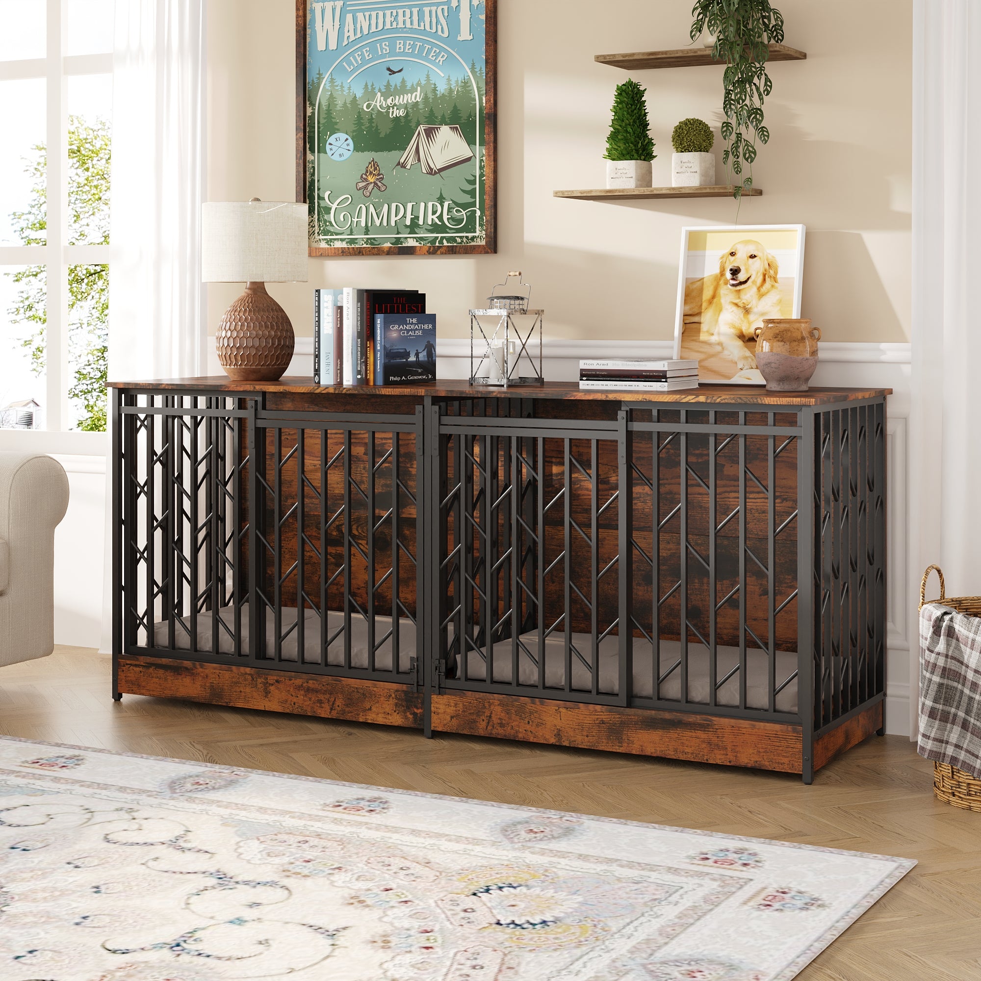 Large Dog Crate With Barn Doors And Double Separate Rooms