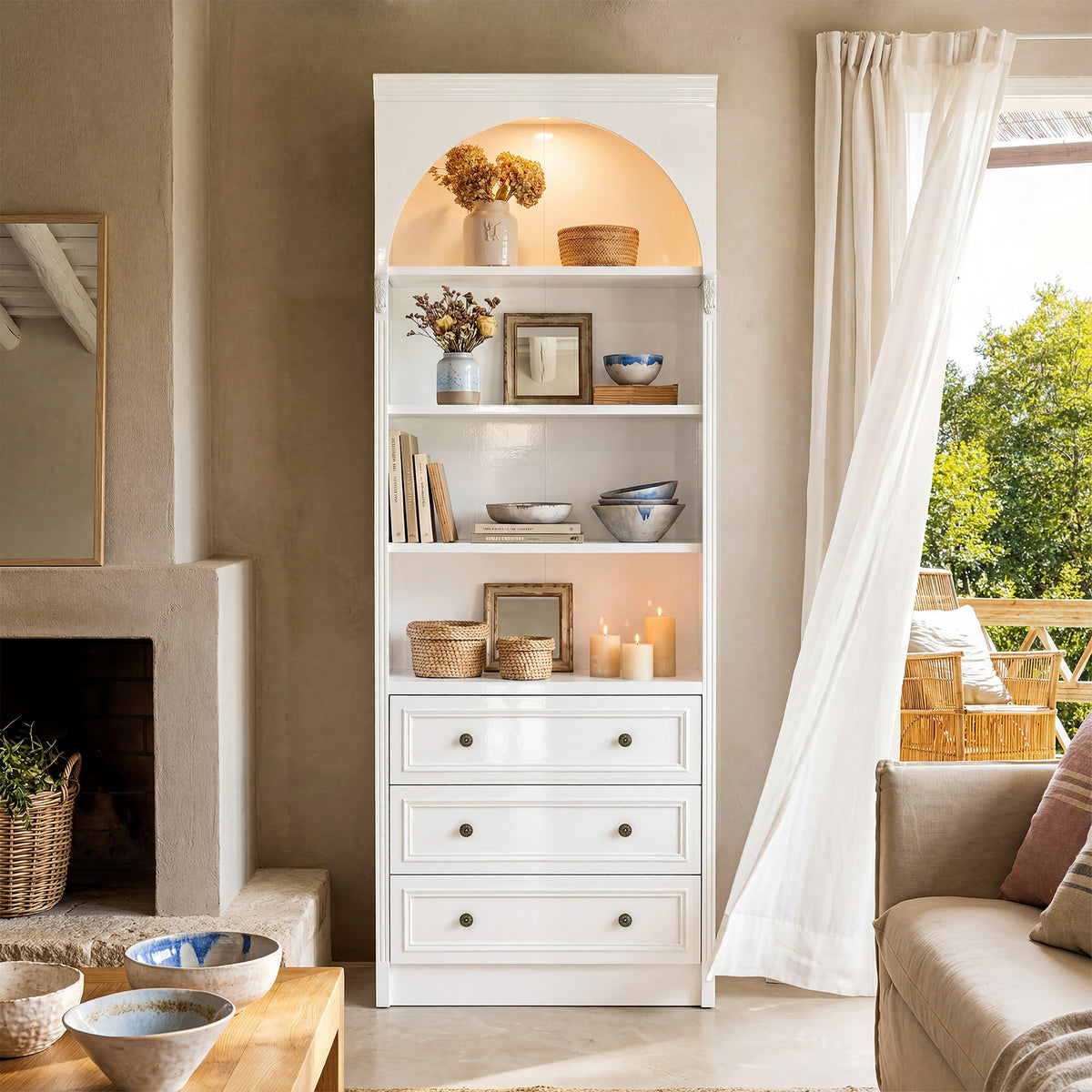 White display cabinet with open shelves, 3 drawers, and labeled dimensions diagram