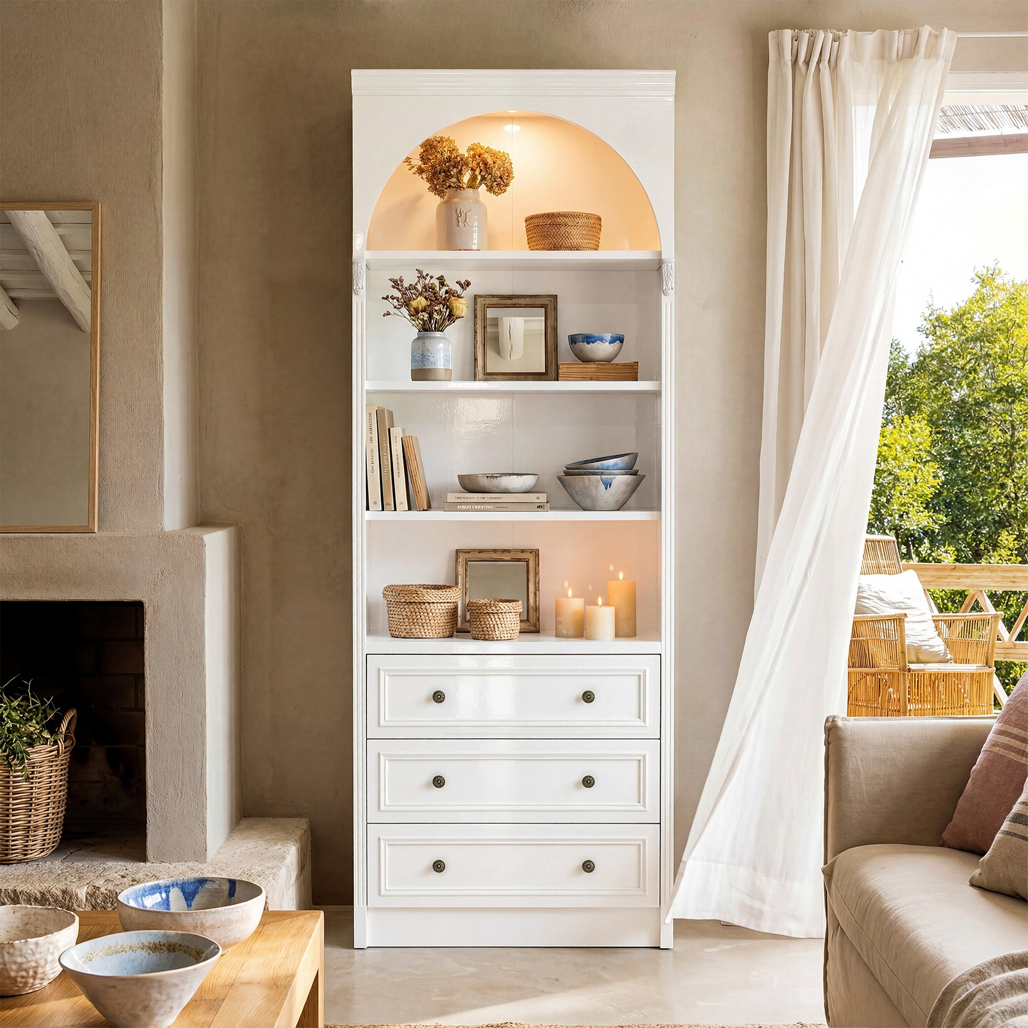 White display cabinet with open shelves, 3 drawers, and labeled dimensions diagram