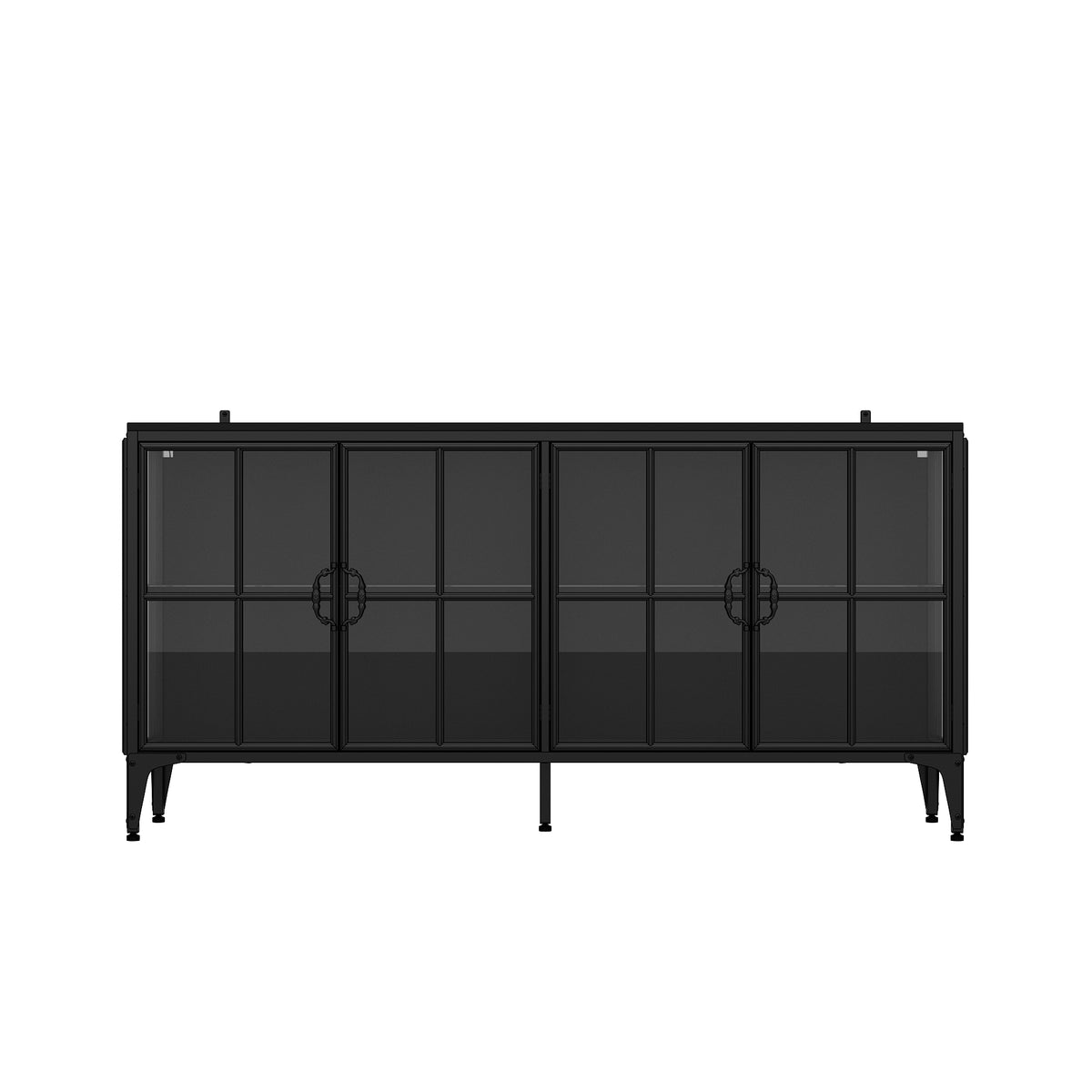 Black cabinet with glass doors on a white background