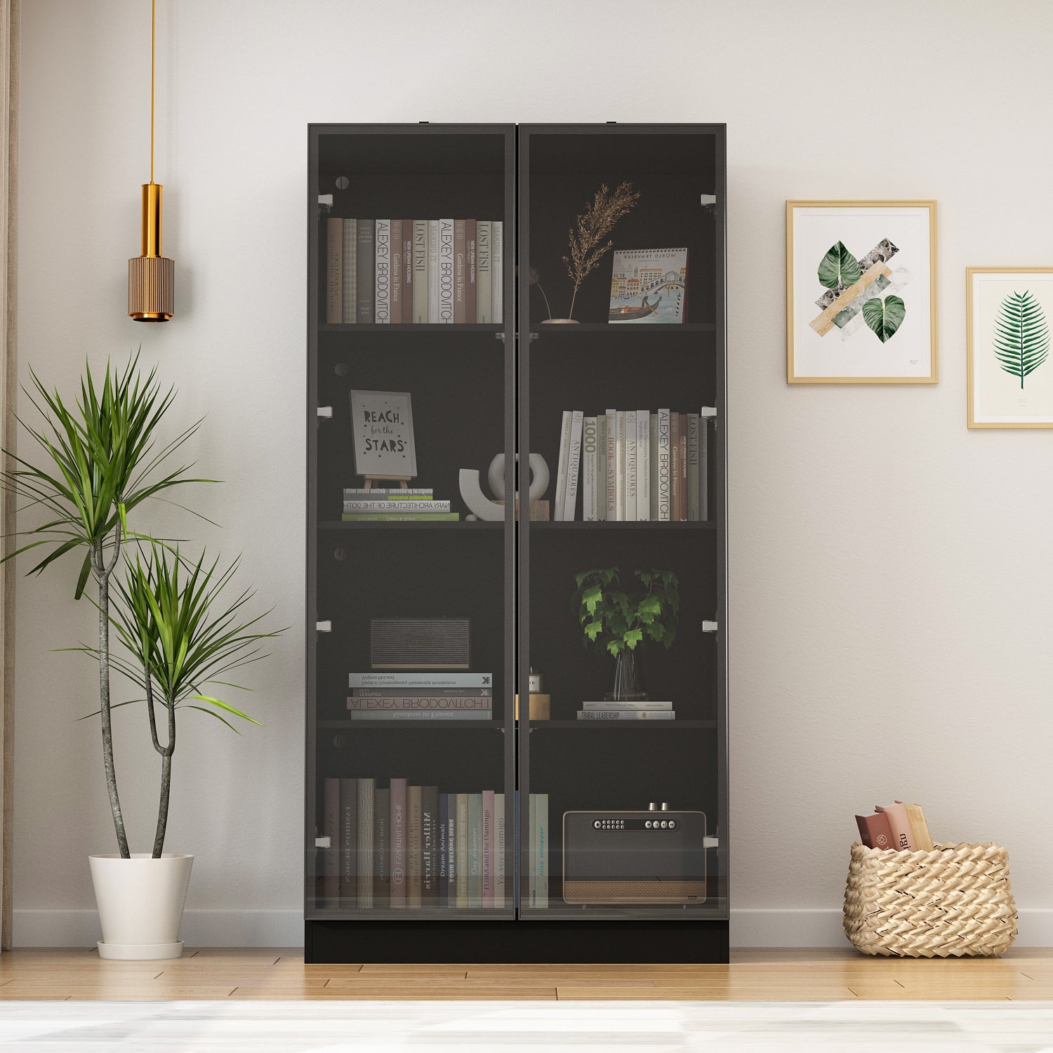 Display Cabinet Bookcase Stand Trophy Showcase with Lights and Glass Doors