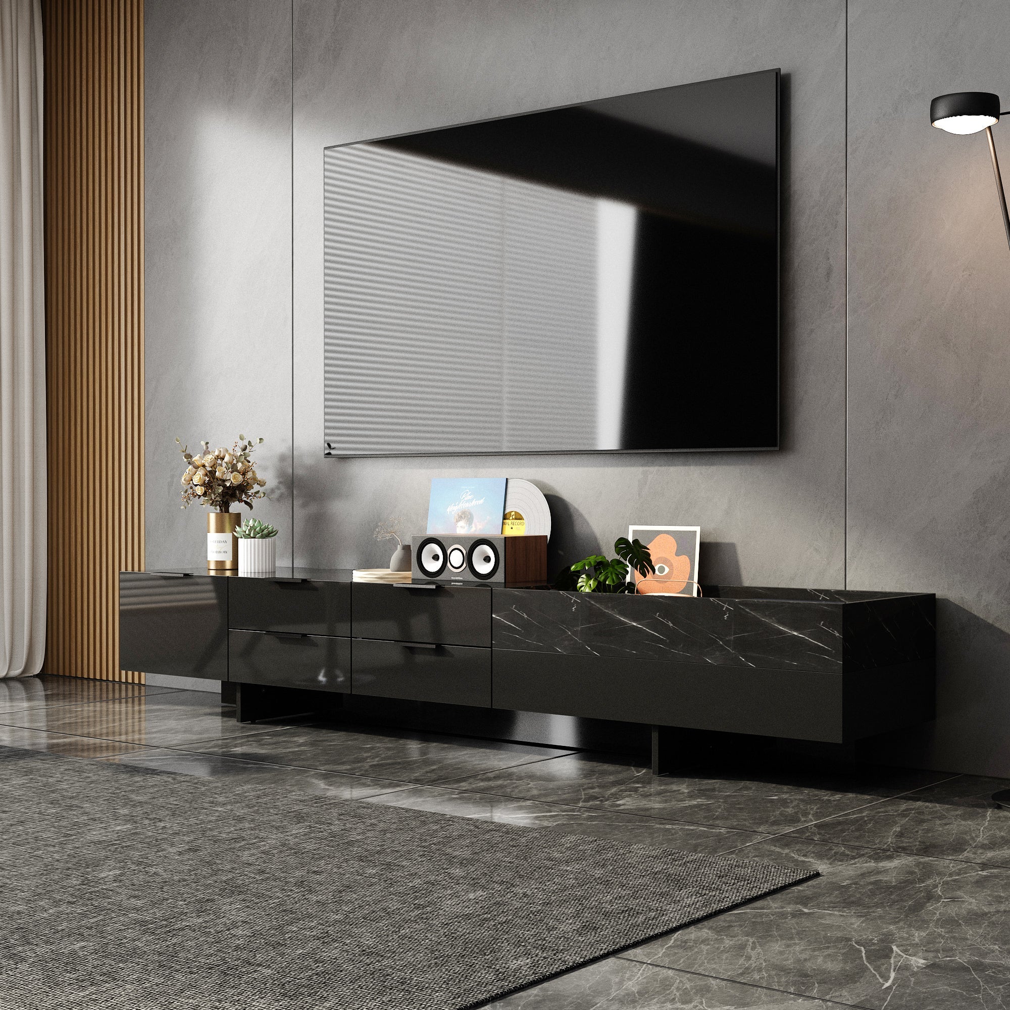 78.7'' W 5-Drawer High-Gloss Surface TV Stand Media Center With Stone Texture Design Groove Storage