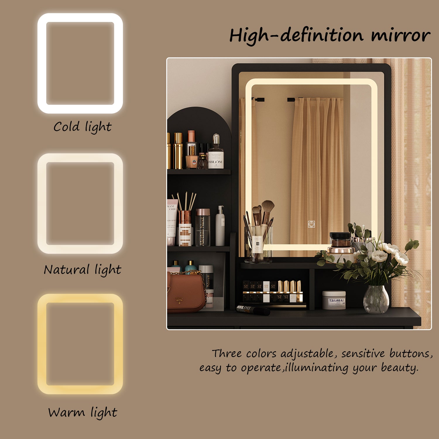 Modern Vanity Desk With LED Mirror, 5 Drawers, Shelves And Matching Stool, Makeup Dressing Table