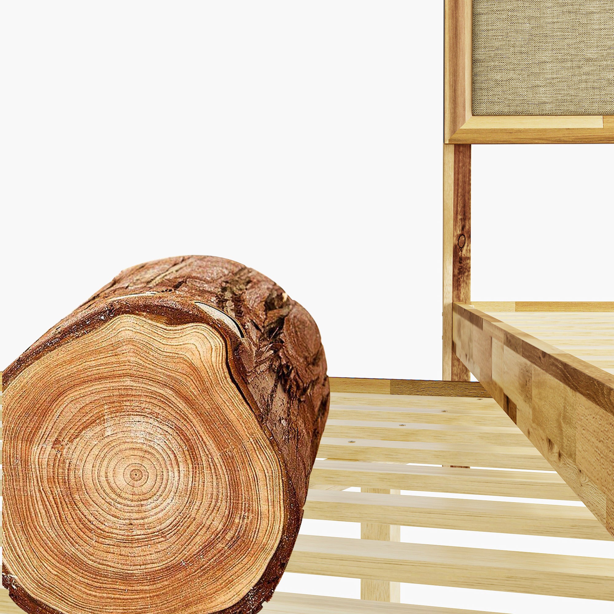 Rustic Solid Acacia Wood Platform Bed Frame With Upholstered Headboard, No Box Spring Needed