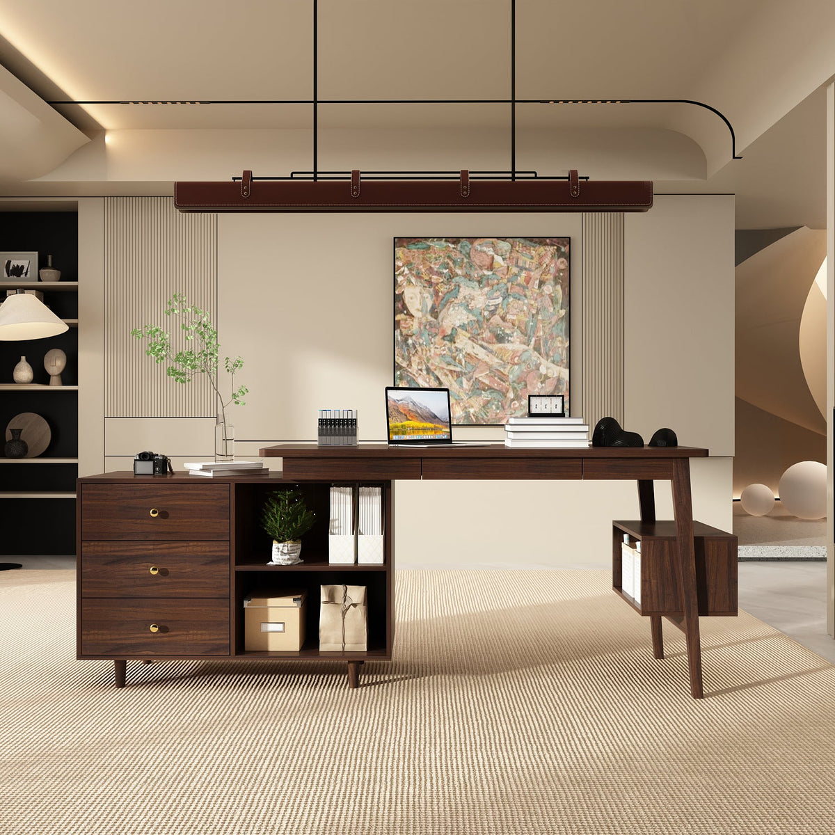 55.1" Mid-Century Modern Brown L-Shaped Home Office Computer Desk with 3 Drawers and Wood Legs