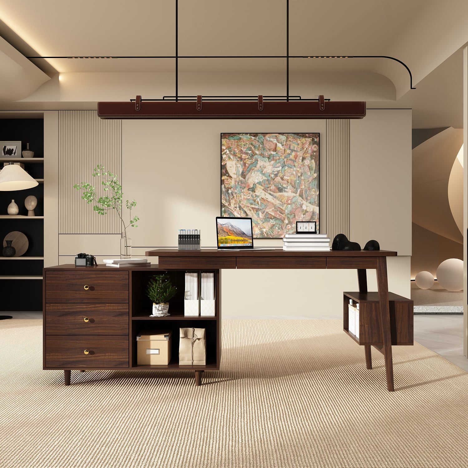 L-Shaped Home Office Computer Desk Modern Office Desk with 3 Drawers & Wood Legs