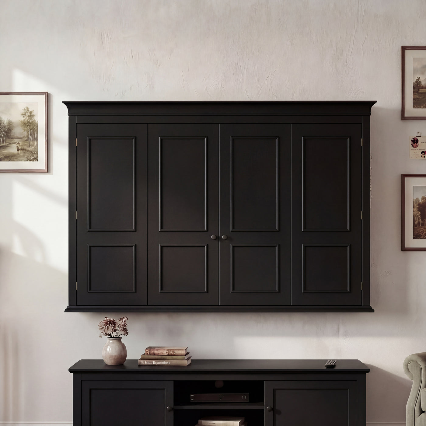 65.7" Black Wall‑Mount Hidden TV Media Cabinet with 4 Panel Doors, Fits Up To 60" TVs