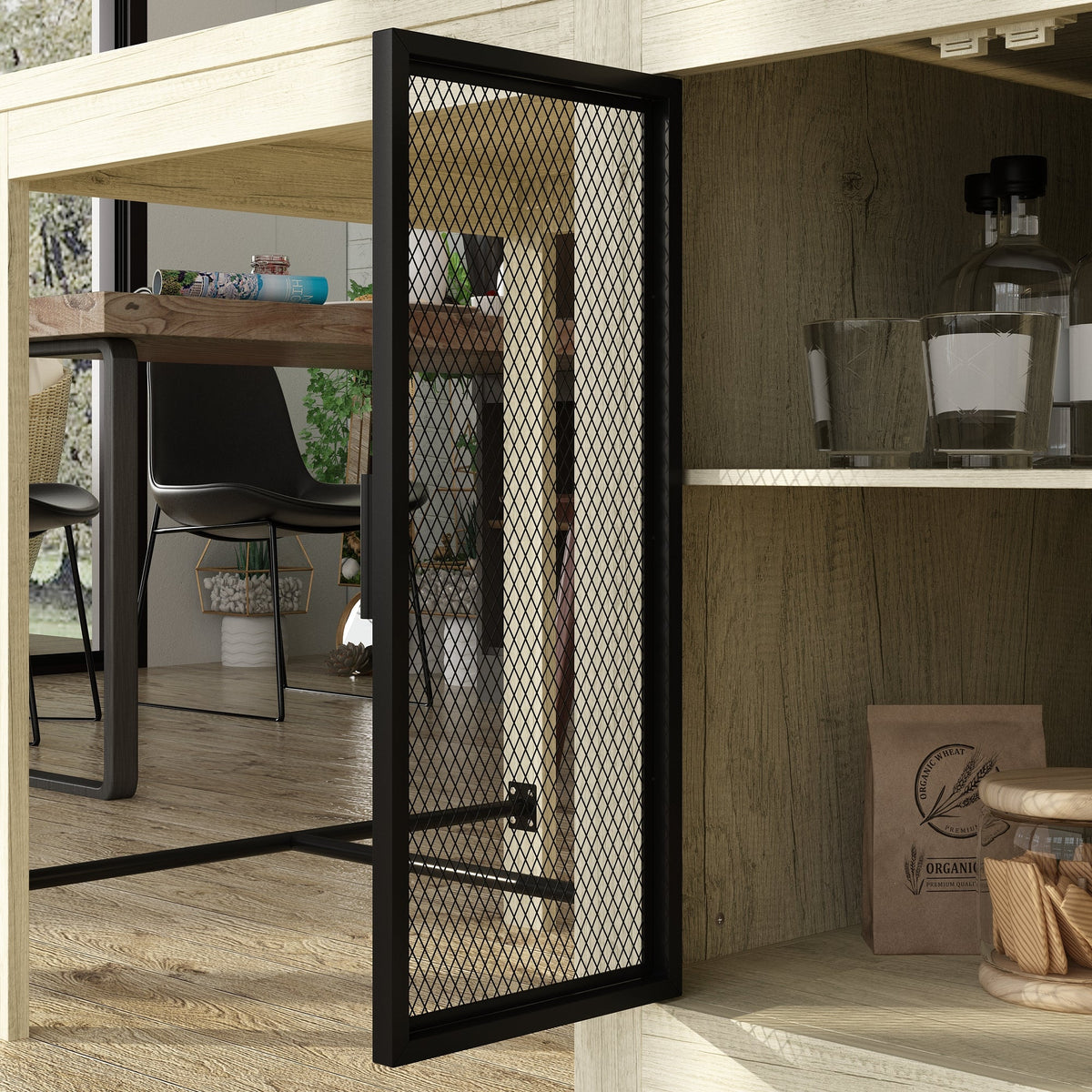 63" Industrial Natural Kitchen Island With Black Glass Door Storage Cabinets