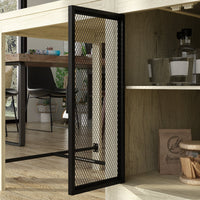 63" Industrial Natural Kitchen Island With Black Glass Door Storage Cabinets