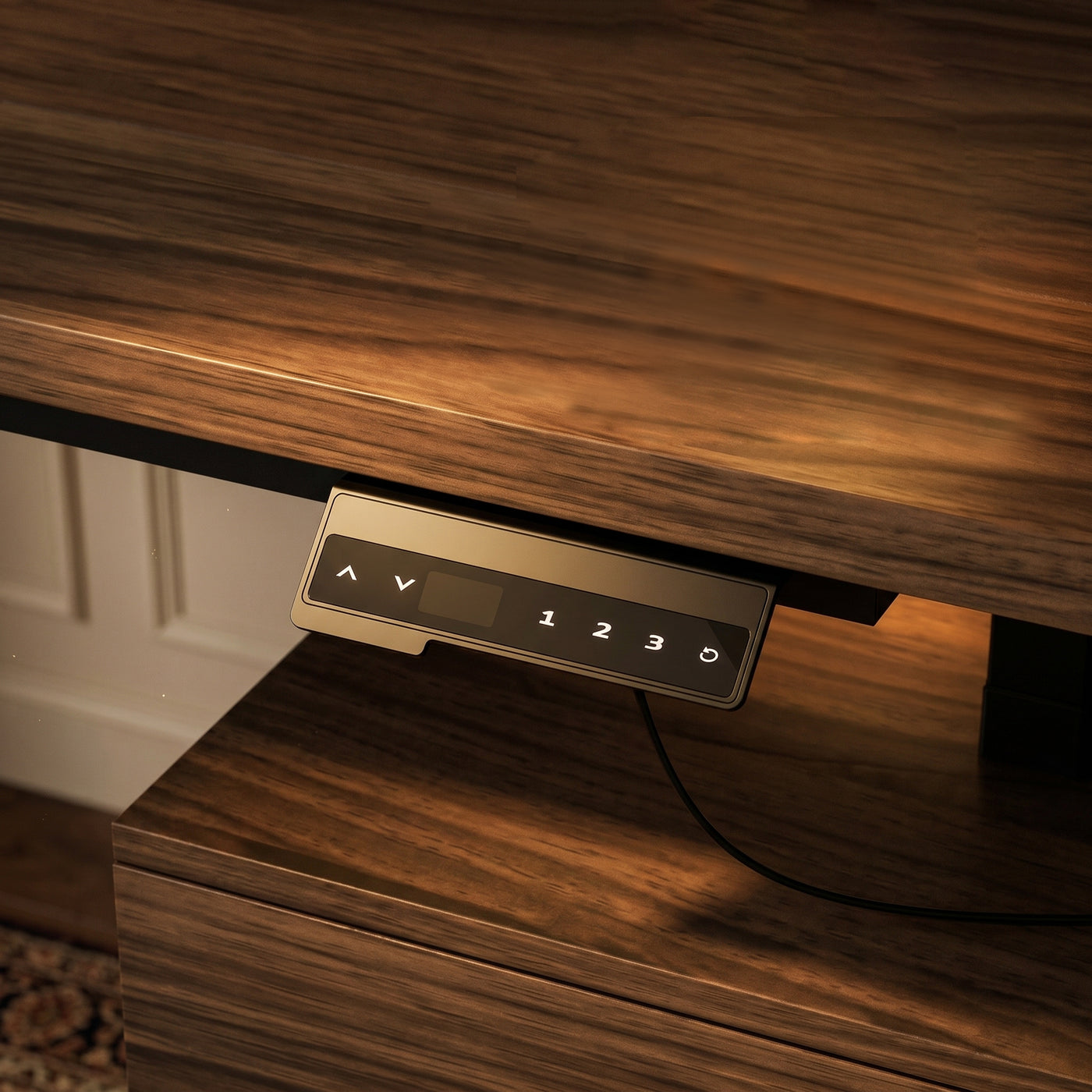 59" Walnut Wood Electric Height Adjustable Standing Desk with Pegboard, Power Strip, Keyboard Tray, 3 Drawers and Open Storage Shelves