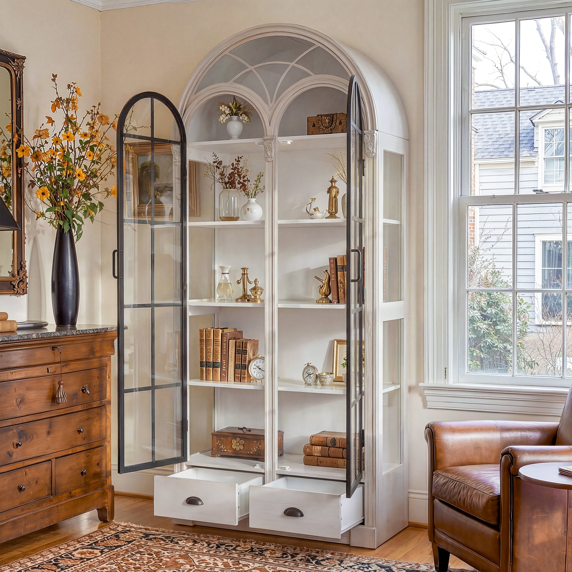 Arched display cabinet with glass doors and drawers