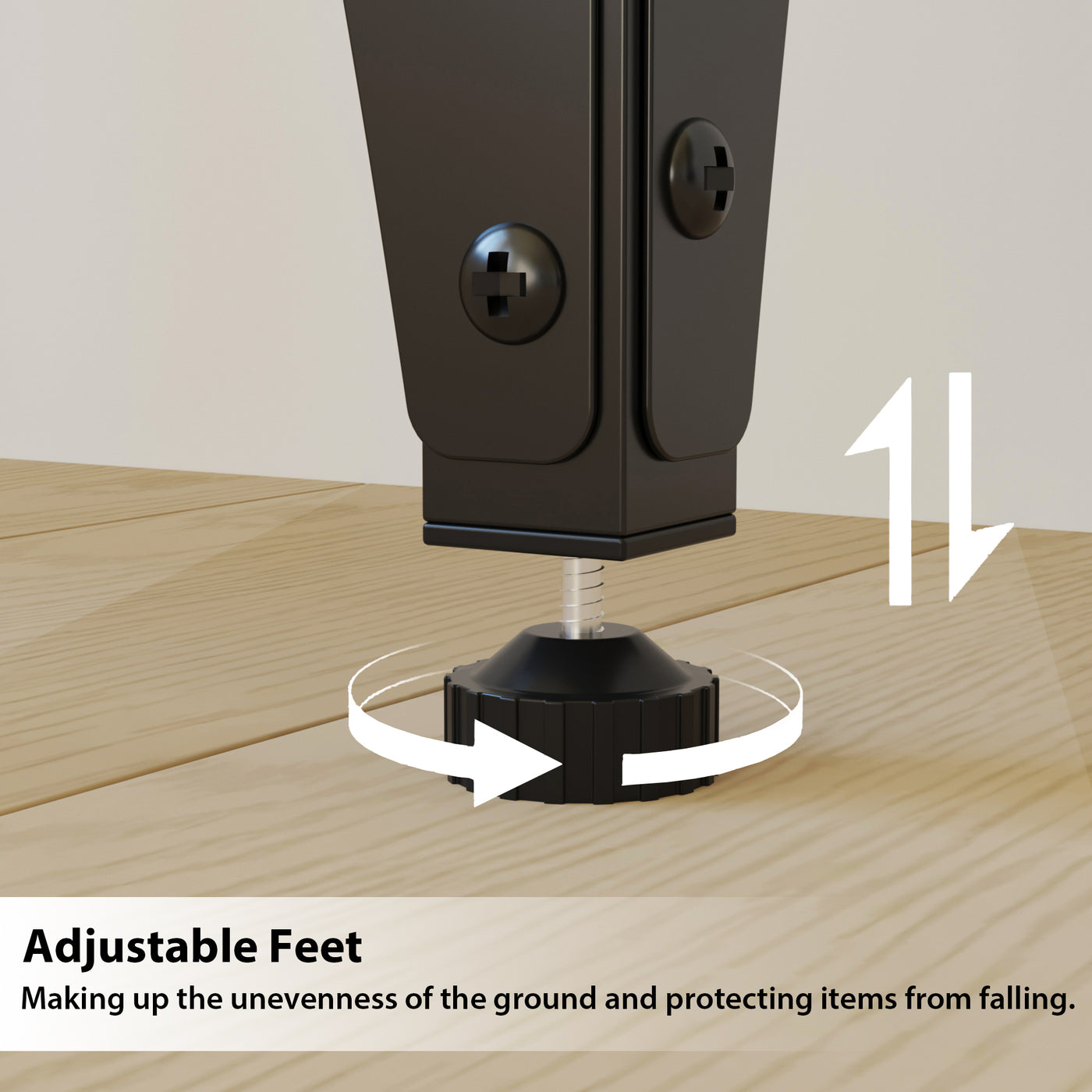 Adjustable feet of a piece of furniture on a wooden floor with text explaining their function