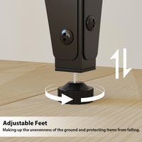 Adjustable feet of a piece of furniture on a wooden floor with text explaining their function