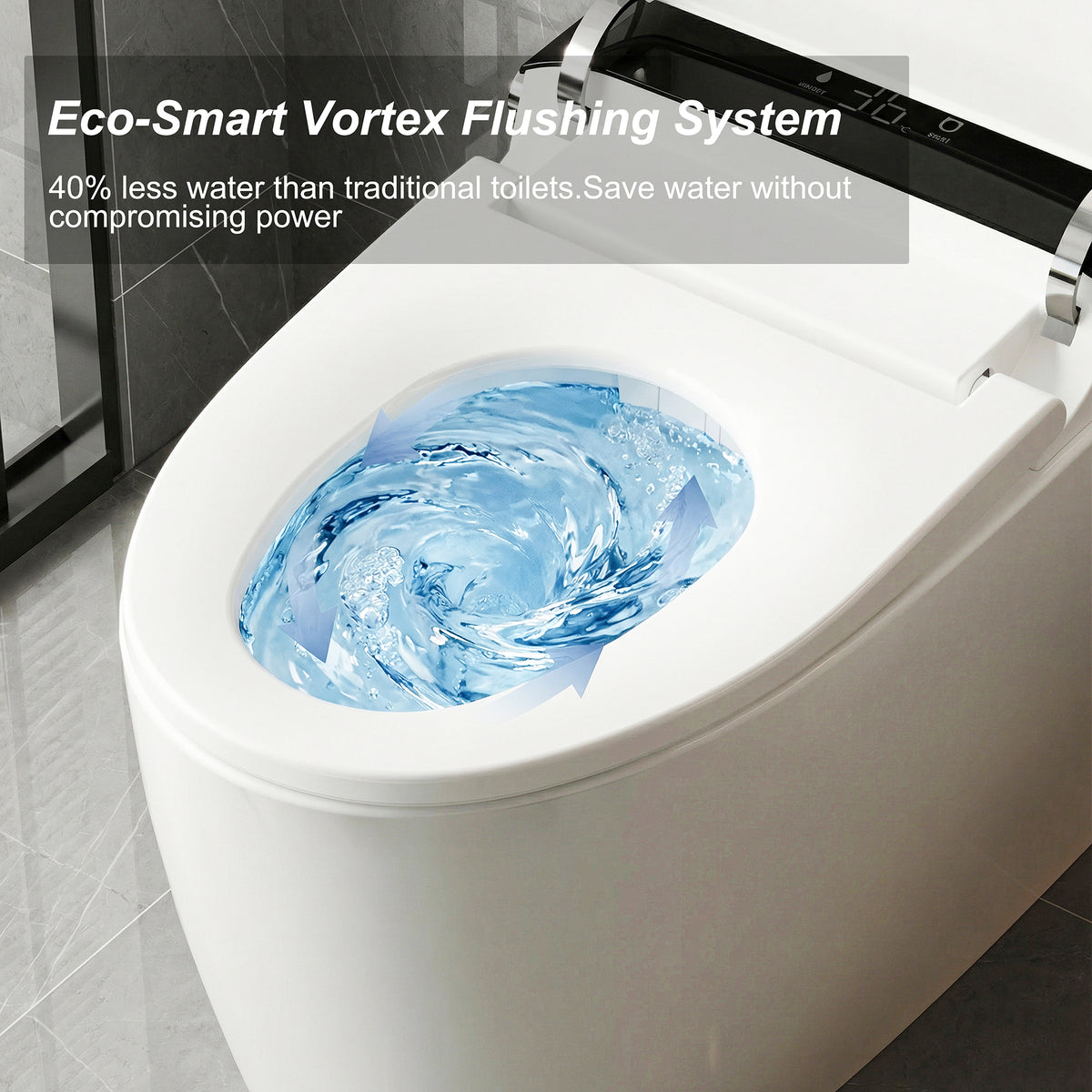 White smart toilet with closed lid, digital display, and built-in bidet