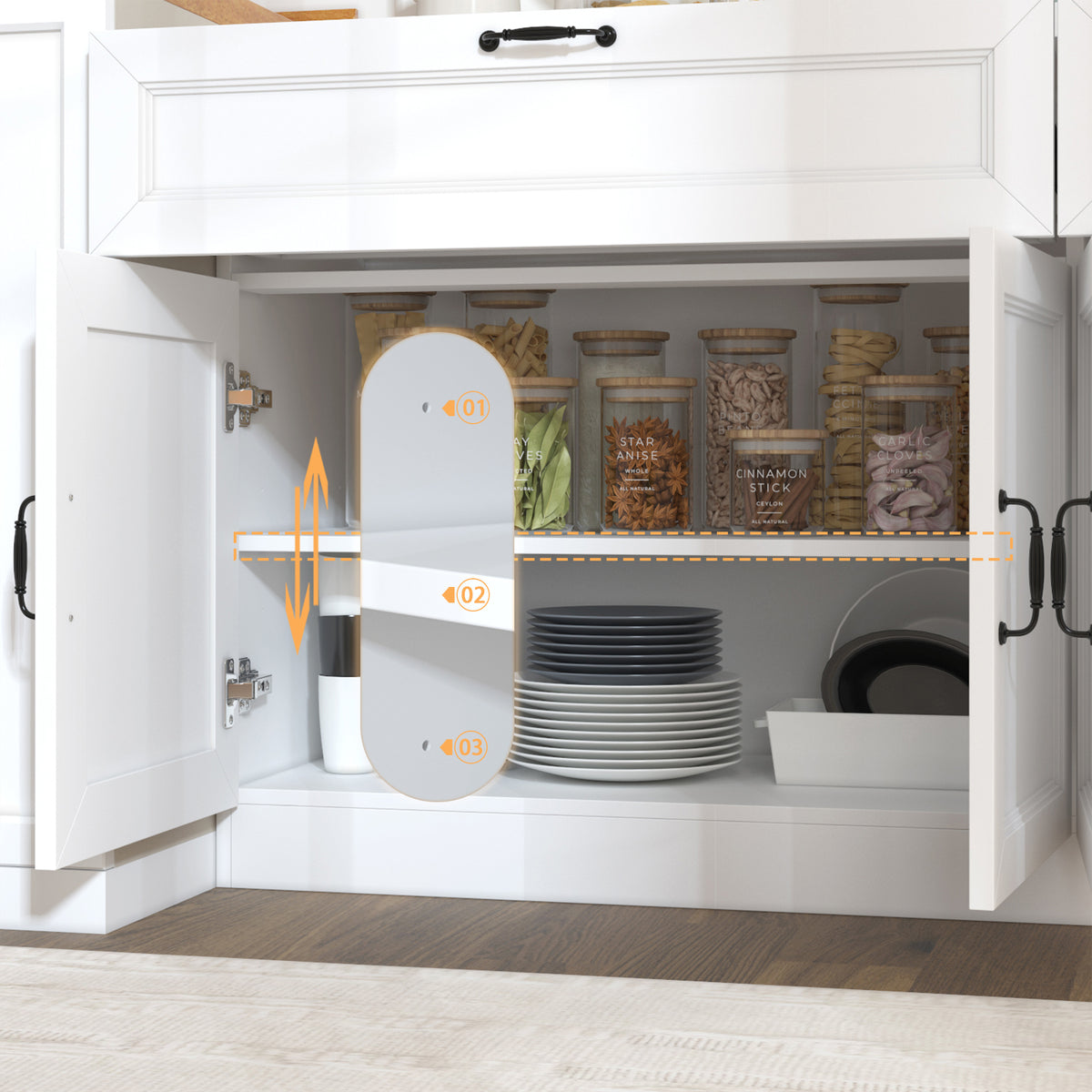 63" Modern White Kitchen Pantry Cabinet with 8 Doors, 2 Drawers & Large Central Worktop