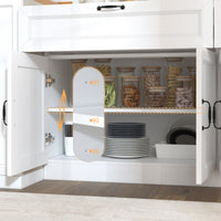 63" Modern White Kitchen Pantry Cabinet with 8 Doors, 2 Drawers & Large Central Worktop