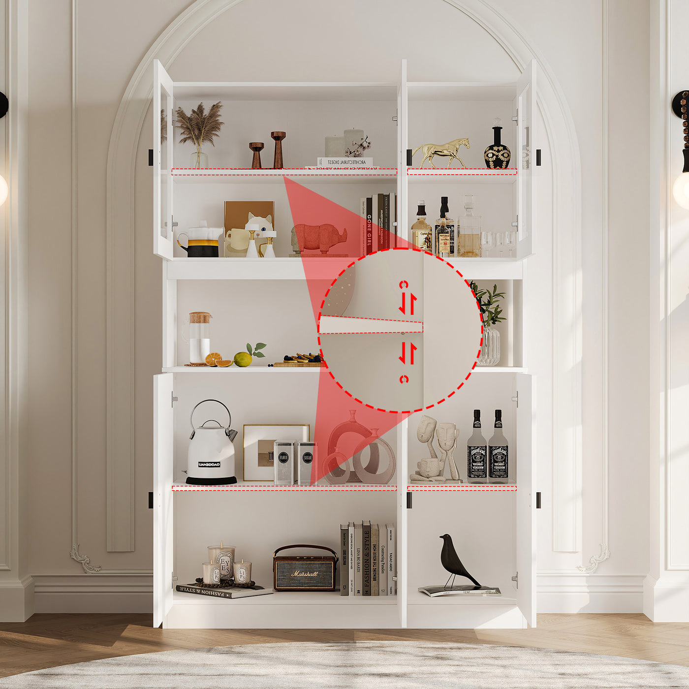 47.2" Elegant White Bookcase with Glass Doors and Open Shelves