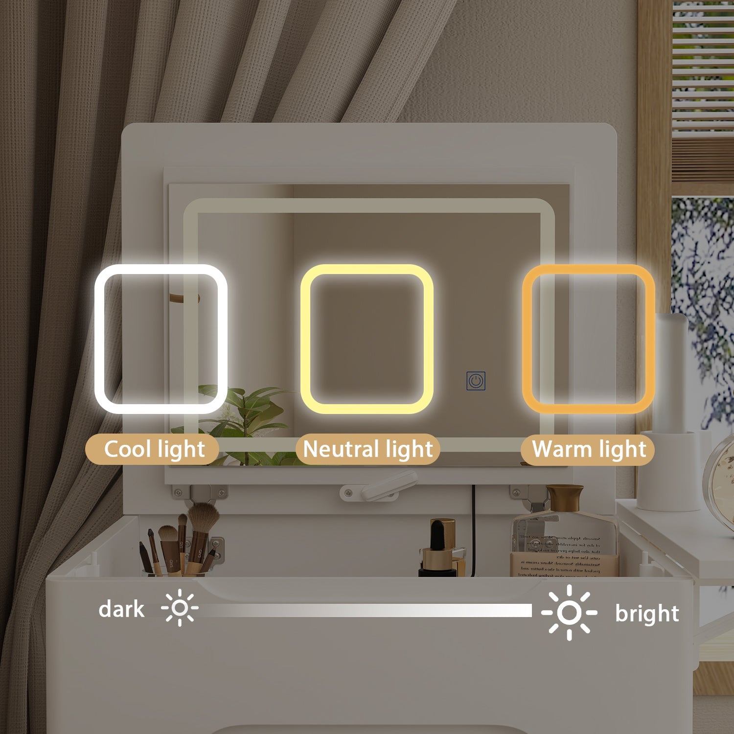 Makeup Vanity Table With Flip Top Desktop, LED Lighted, Storage Makeup Stool, Side Shelves