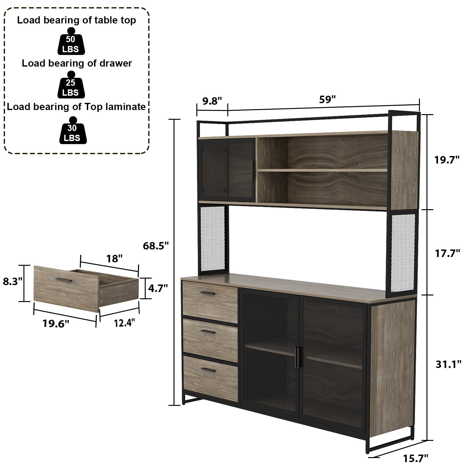 Large Kitchen Sideboard Display Cupboard with Drawers and Mesh Doors Wood Grain
