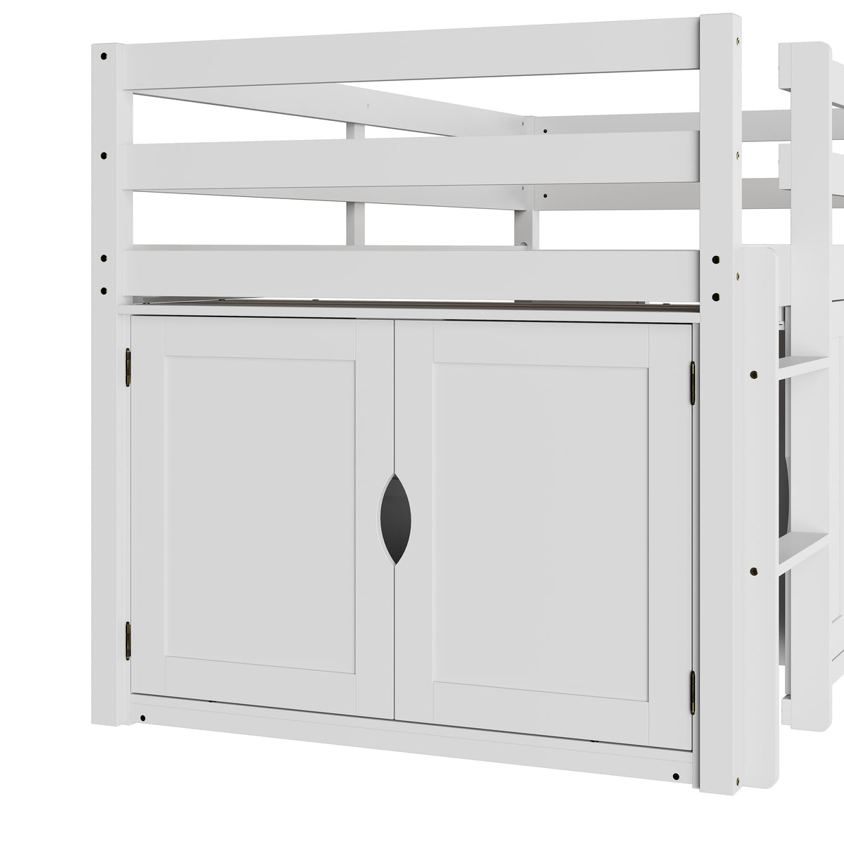 White kids loft bed with storage cabinets, shelves, and ladder