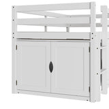 White kids loft bed with storage cabinets, shelves, and ladder