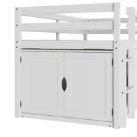 White kids loft bed with storage cabinets, shelves, and ladder