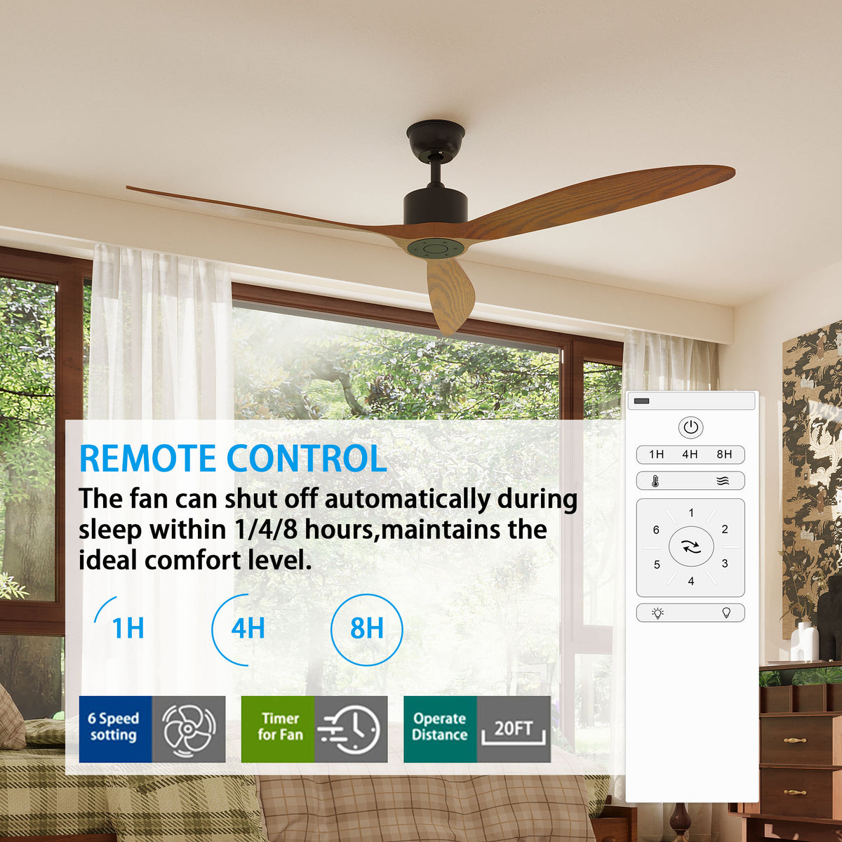 65" Modern Walnut Ceiling Fan with 3 Wood Blades