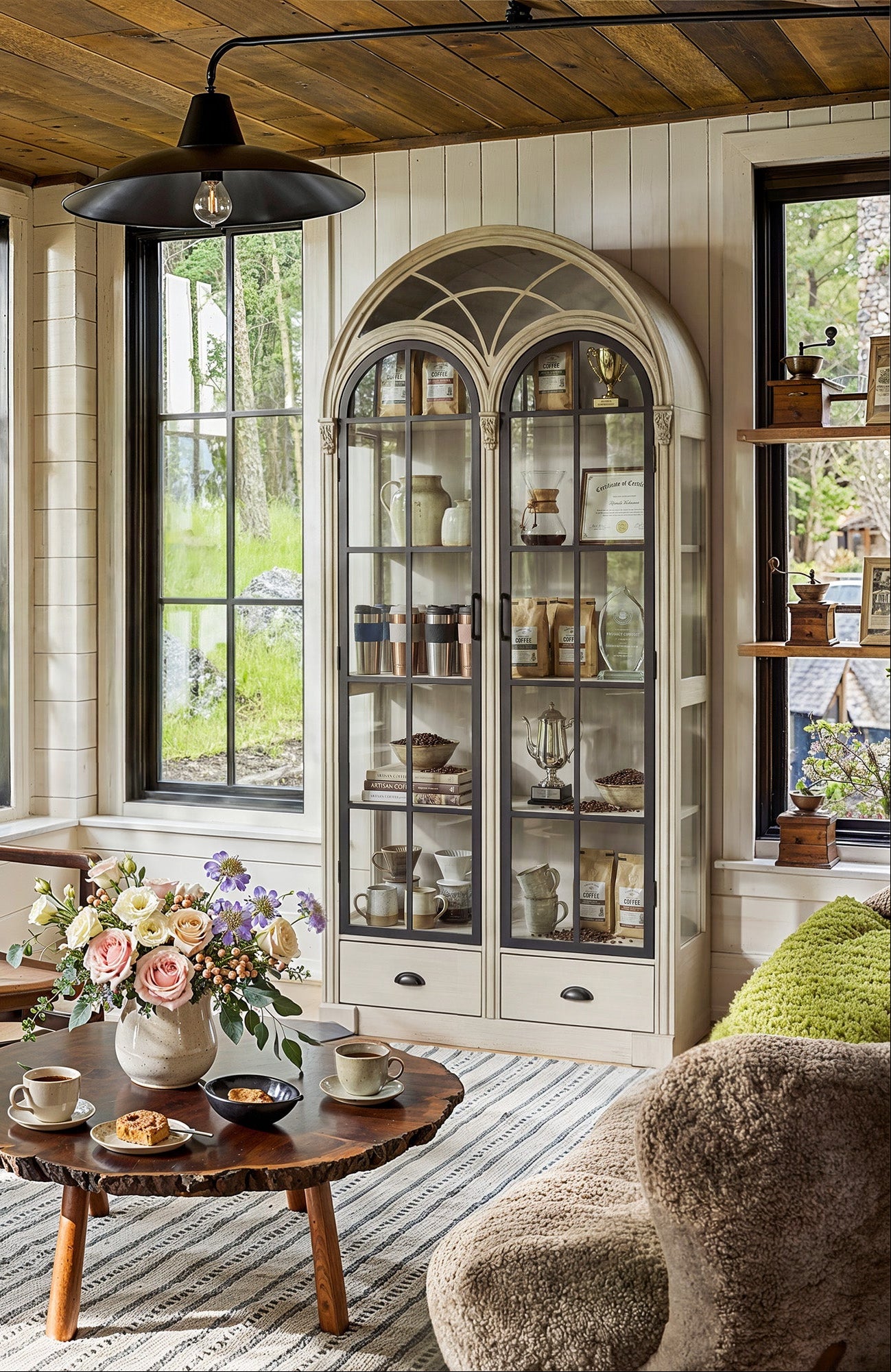 Arched display cabinet with glass doors and drawers