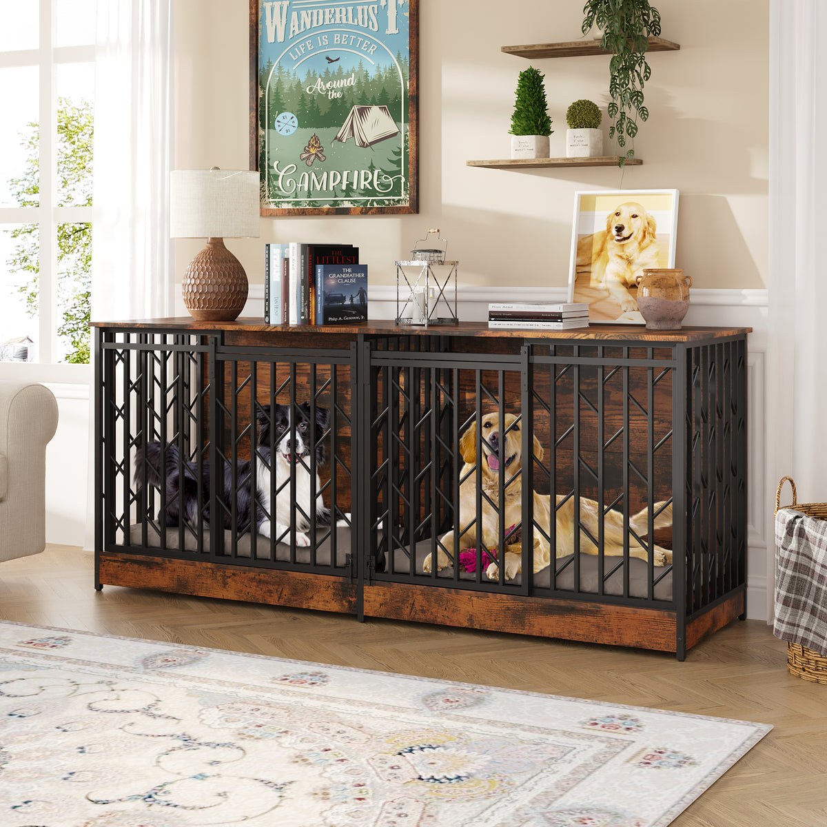 78.7" Chew-Proof Brown Dog Crate with Barn Doors and Double Separate Rooms