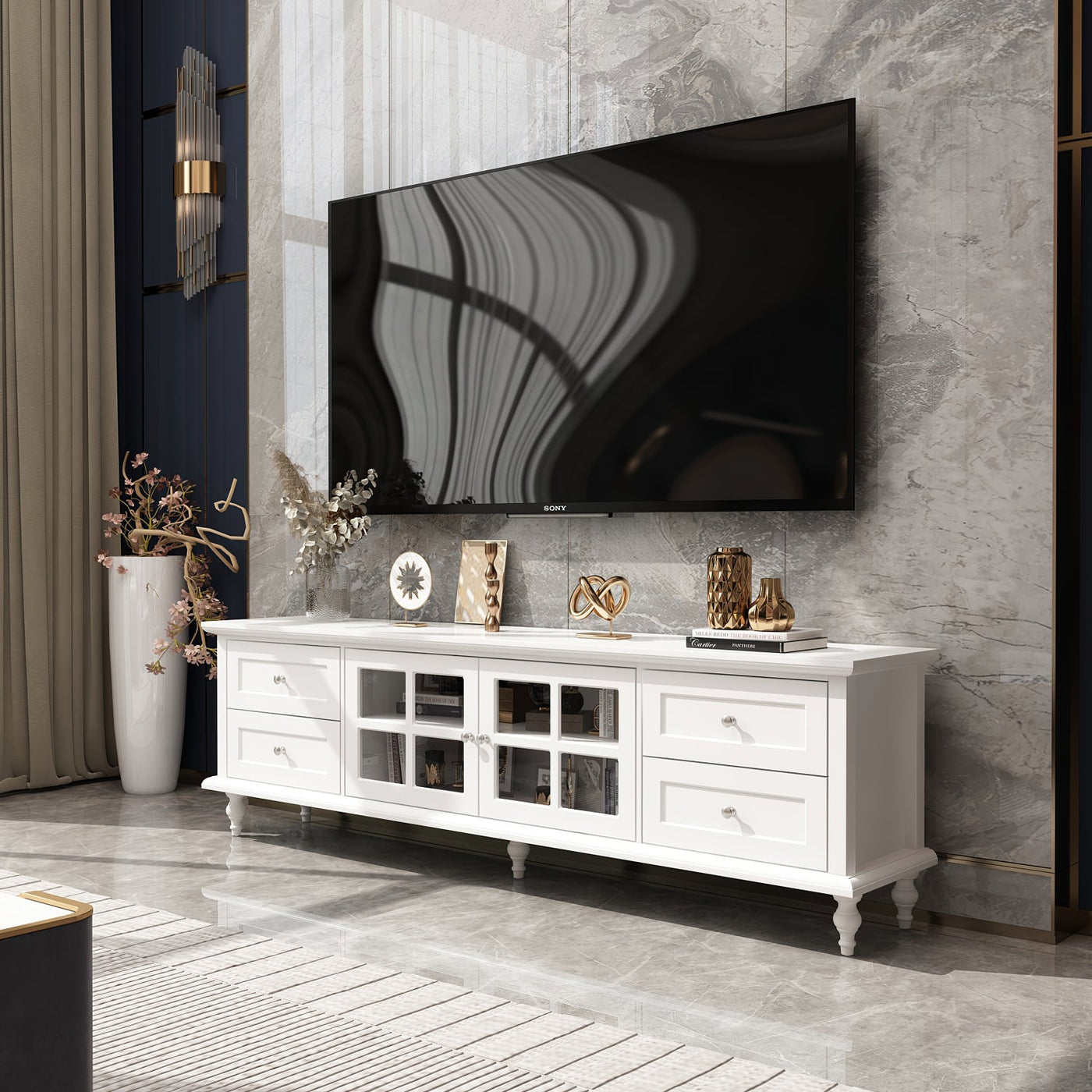 70.9" Modern Minimalist White TV Stand with Cabinets And Drawers