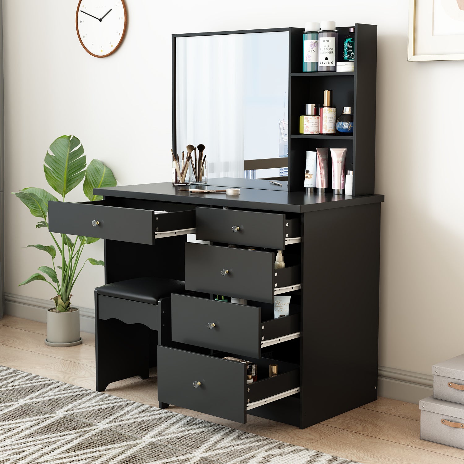 Makeup Vanity Set with Cushioned Stool, 5 Drawers & Shelves