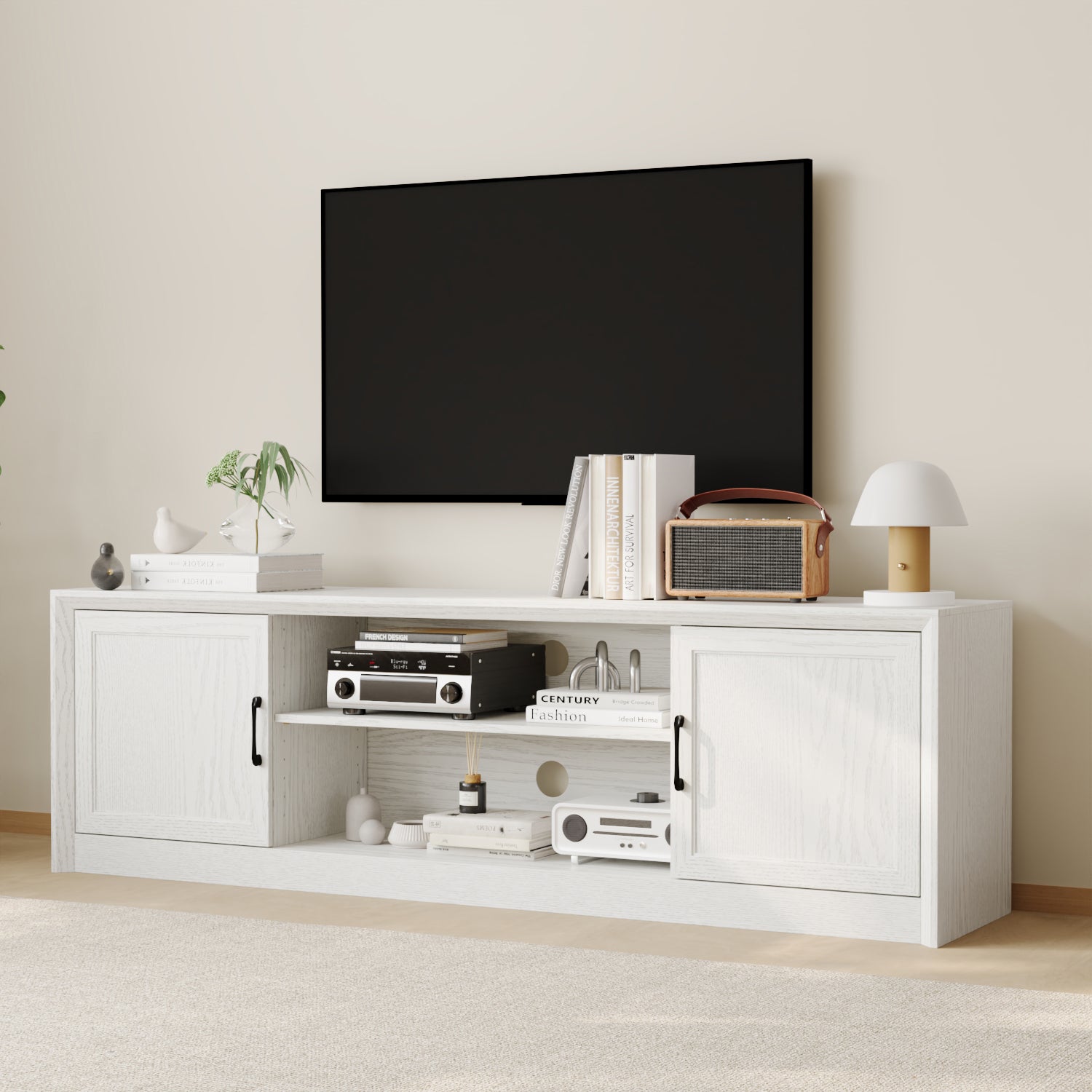 70.9" TV Stand With Adjustable Center Shelf, Black Metal Handles, And Dual Side Cabinets