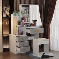 35.4" Modern White/Black Vanity Set with Sliding Mirror, 4 Drawers, Shelves and Cushioned Stool