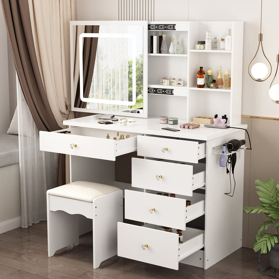 39.4" Modern Minimalist White/Black Makeup Vanity Desk with Sliding Mirror Cabinet