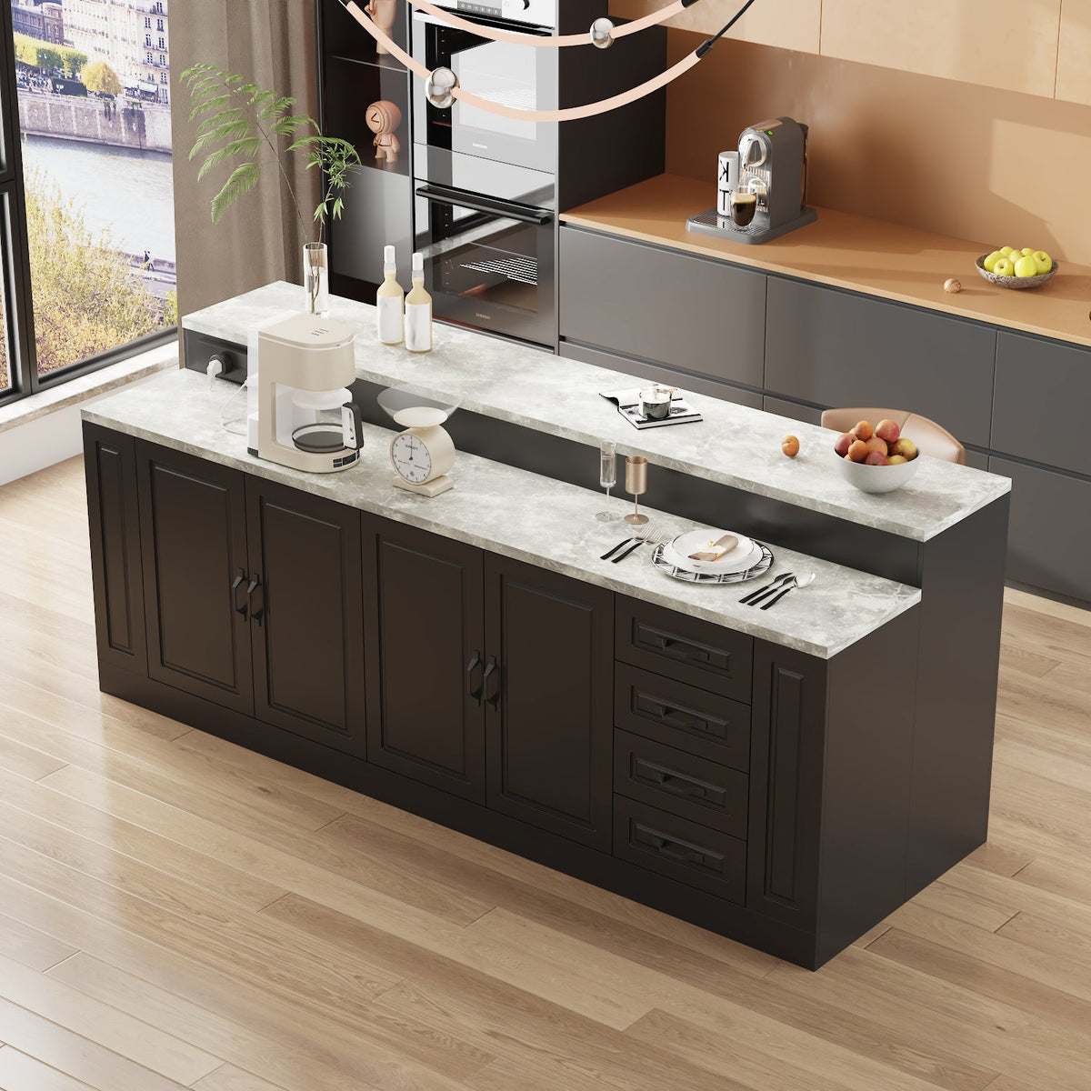 94.5" Modern Black Kitchen Island with Solid + Manufactured Wood Top