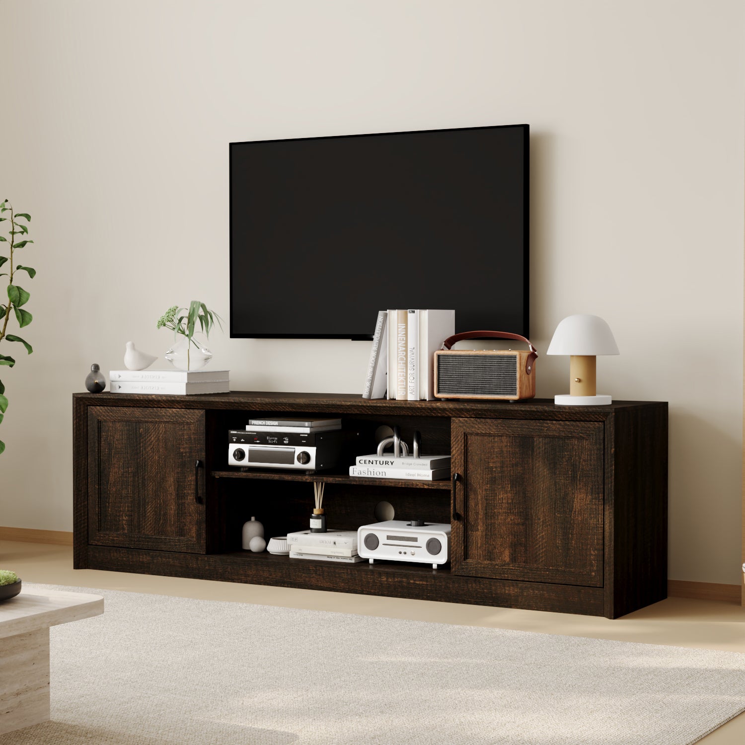 70.9" TV Stand With Adjustable Center Shelf, Black Metal Handles, And Dual Side Cabinets
