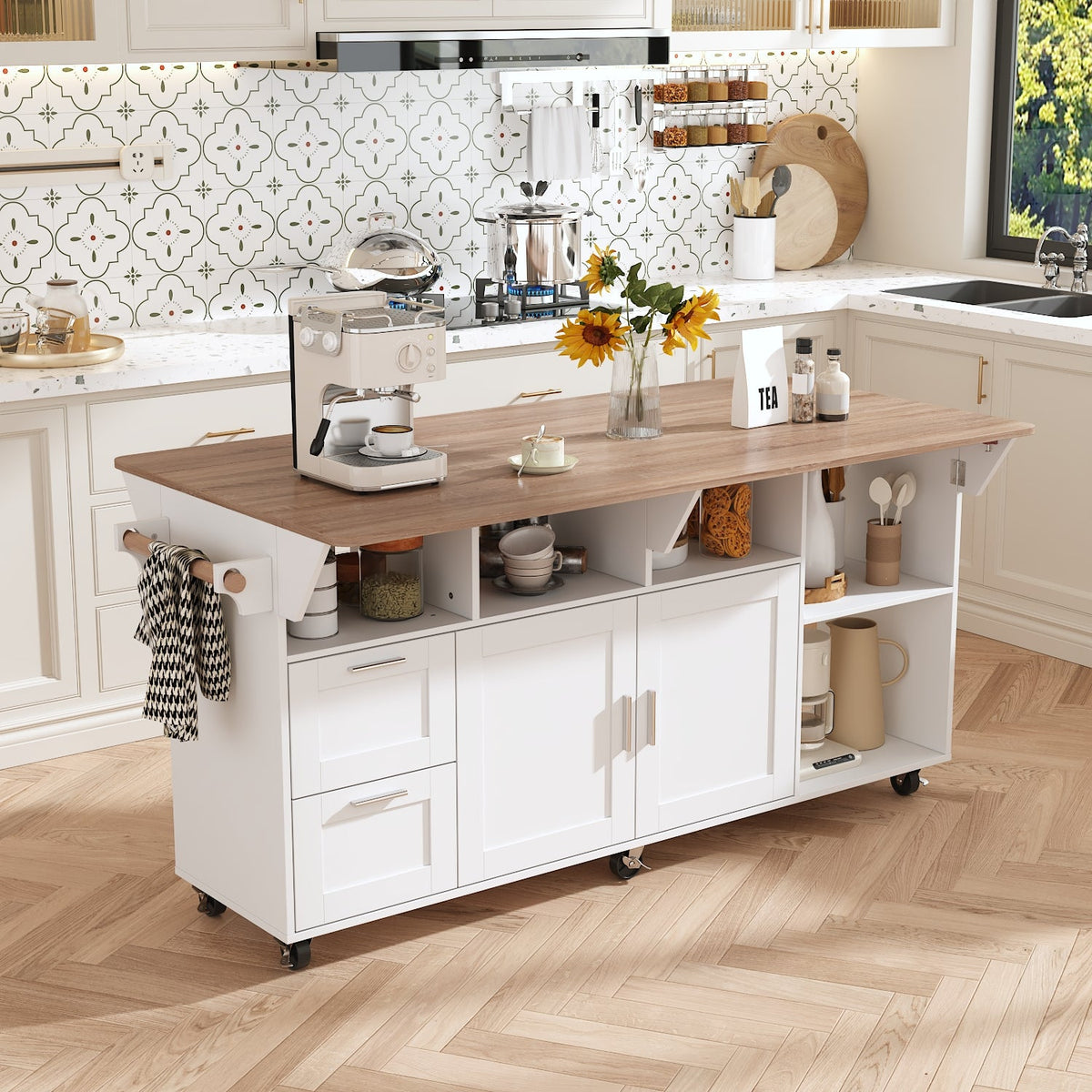 63"W Kitchen Island With Leaf And Wheel