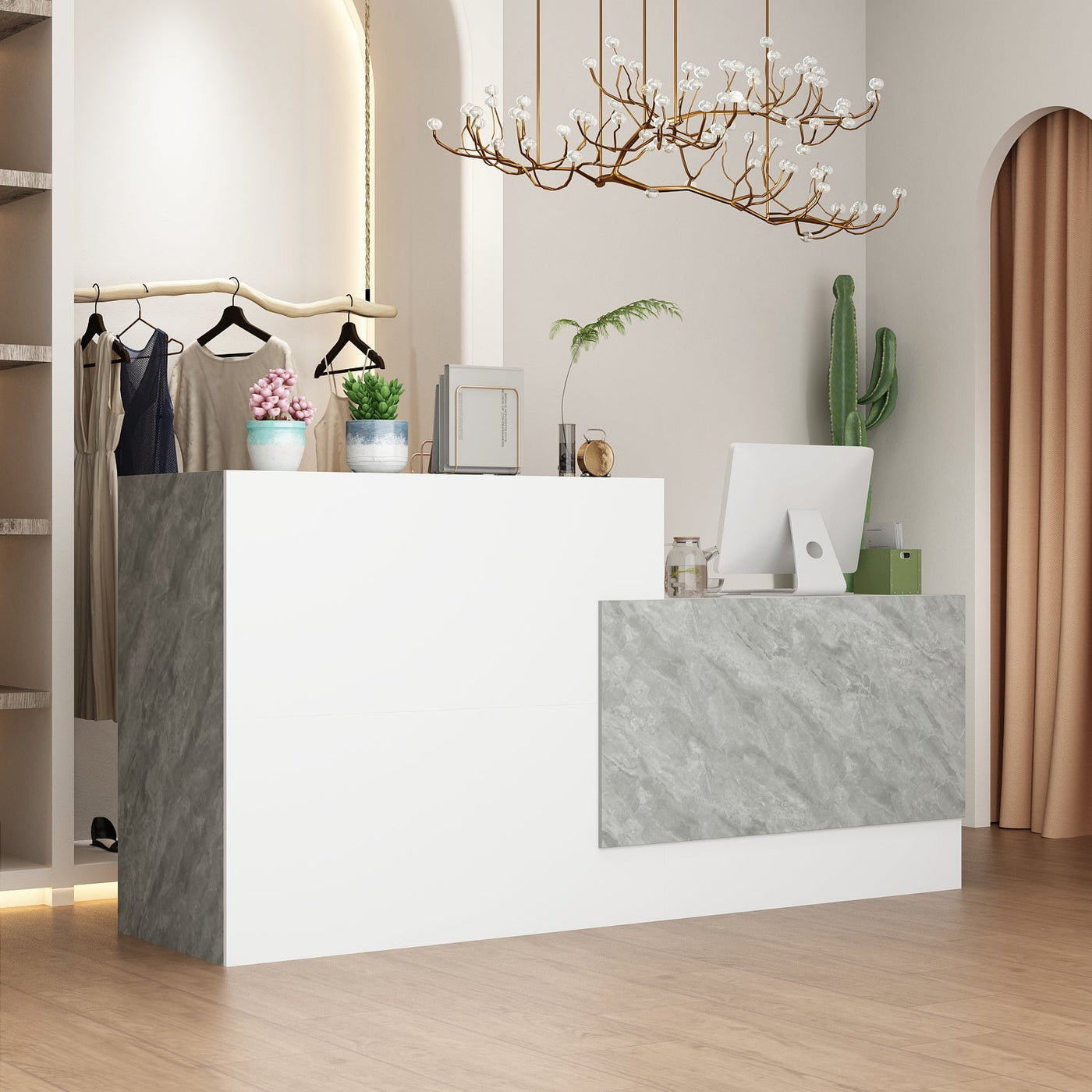 86.6" Modern Minimalist White Rectangular Reception Desk With Open Shelves