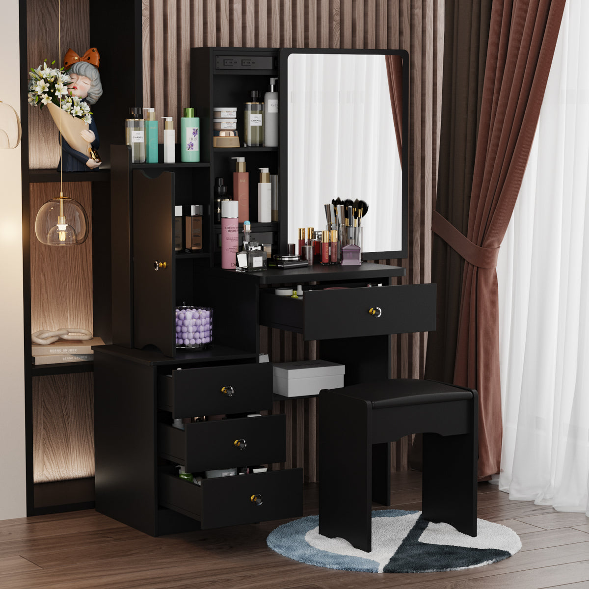 35.4" Modern White/Black Vanity Set with Sliding Mirror, 4 Drawers, Shelves and Cushioned Stool