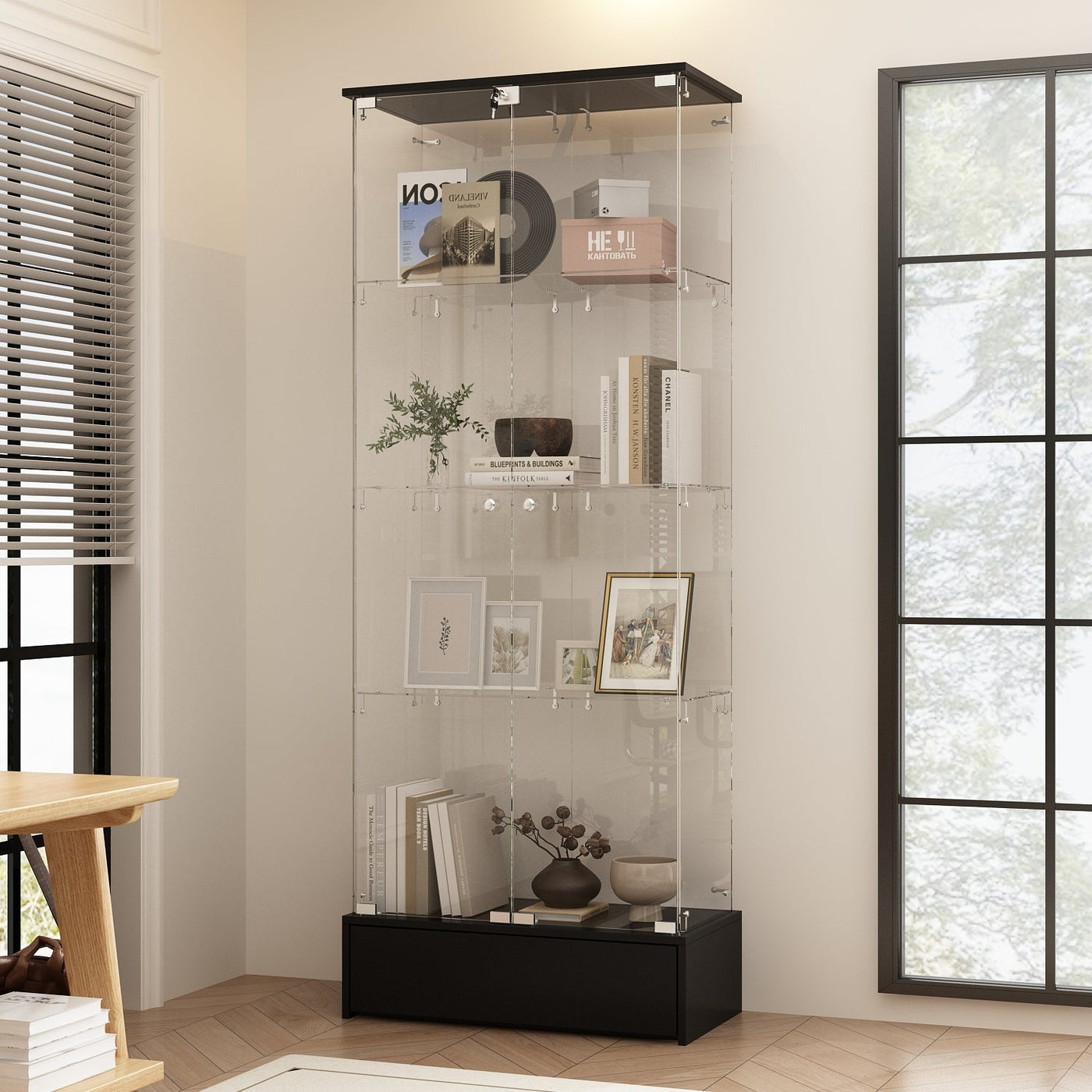 27.6" Modern Black Transparent Display Bookcase With Glass Swing Doors And Lock