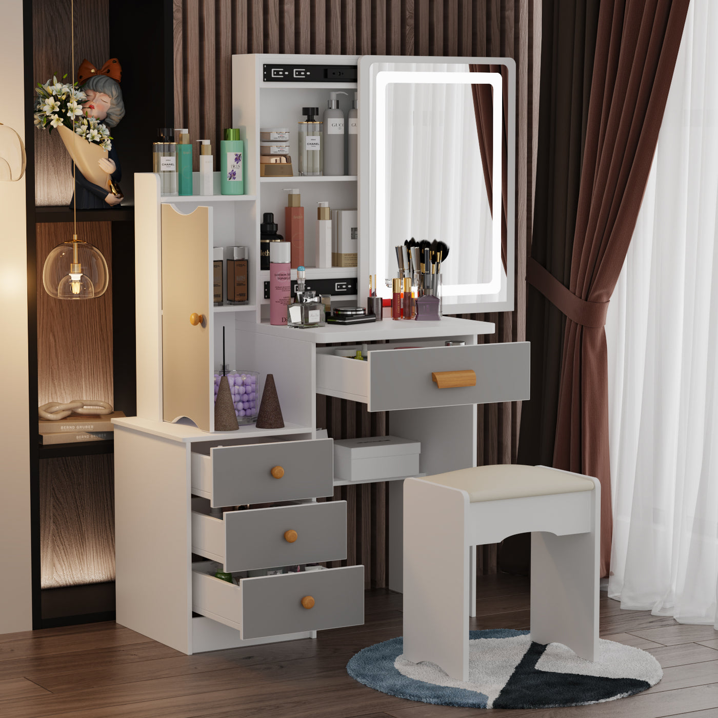 35.4" Modern White/Black Vanity Set with Sliding Mirror, 4 Drawers, Shelves and Cushioned Stool