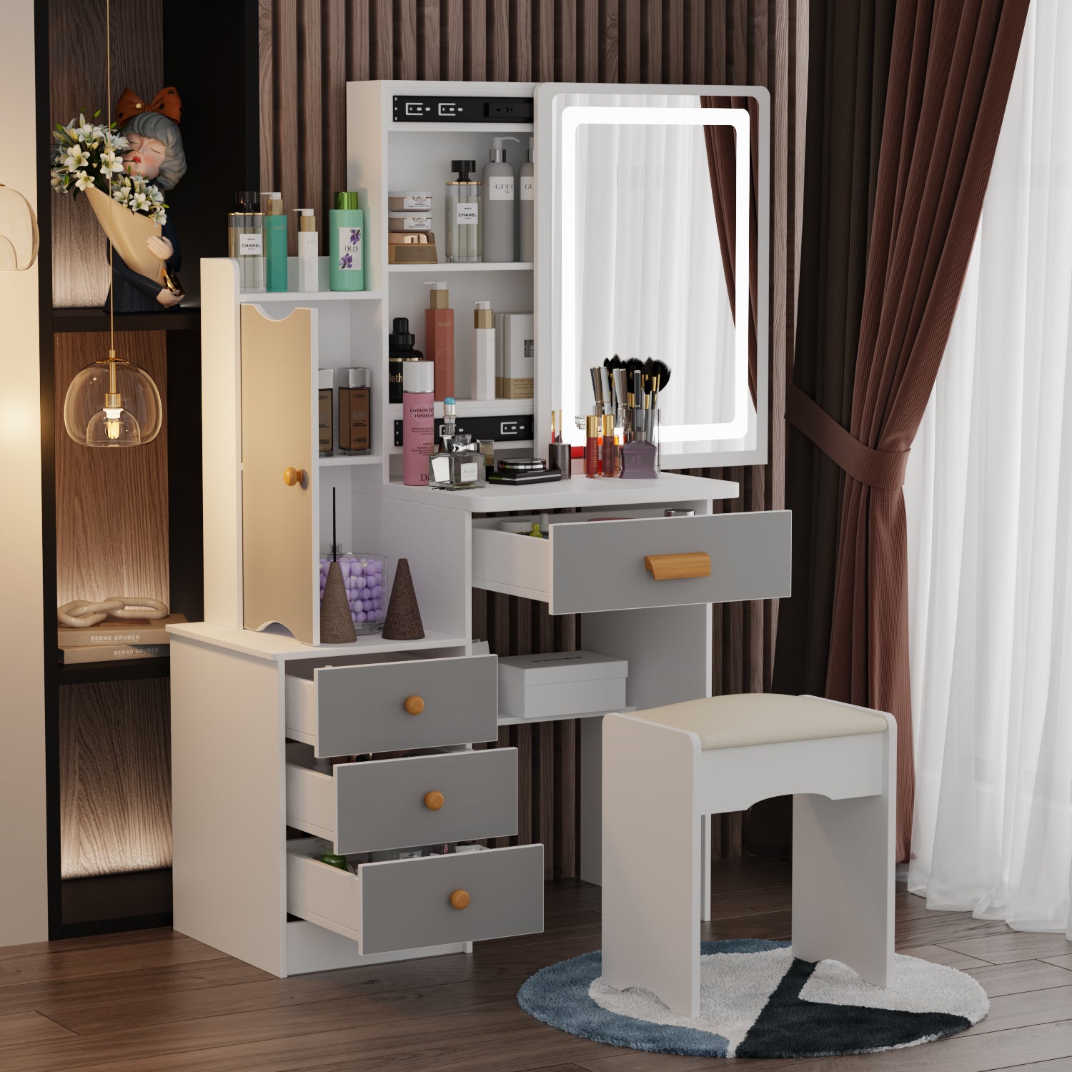 Vanity Set With Sliding Mirror, 4 Drawers, Shelves & Cushioned Stool