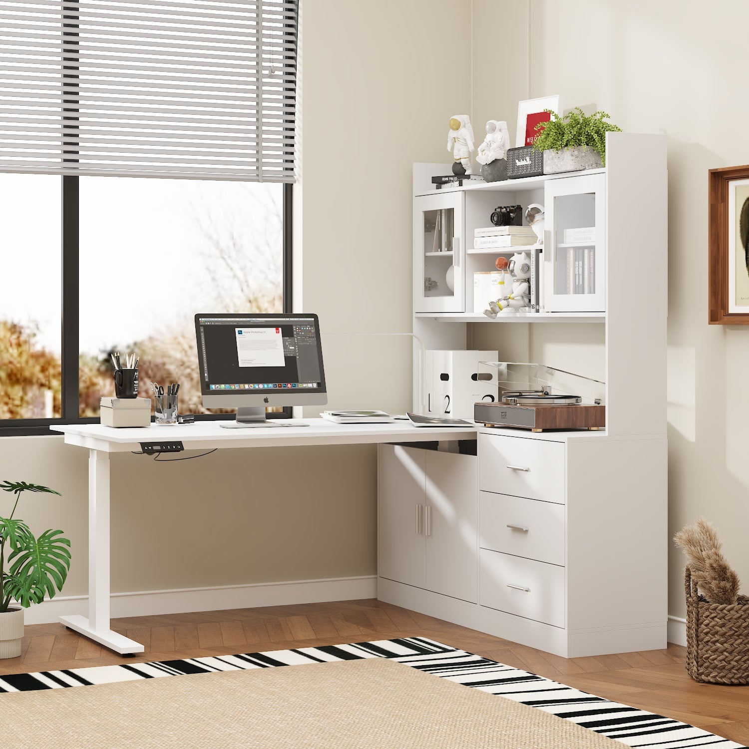 Elevating Computer Desk With 68.5'' W Bookcase