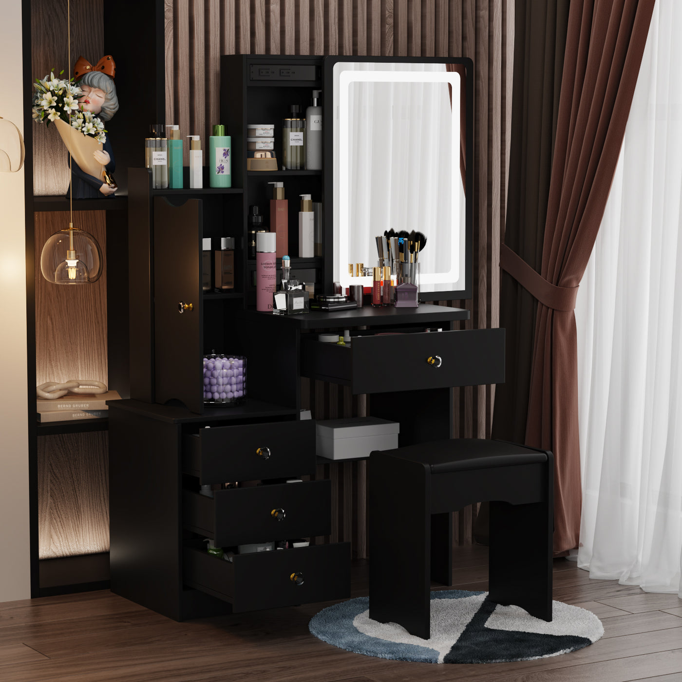 35.4" Modern White/Black Vanity Set with Sliding Mirror, 4 Drawers, Shelves and Cushioned Stool