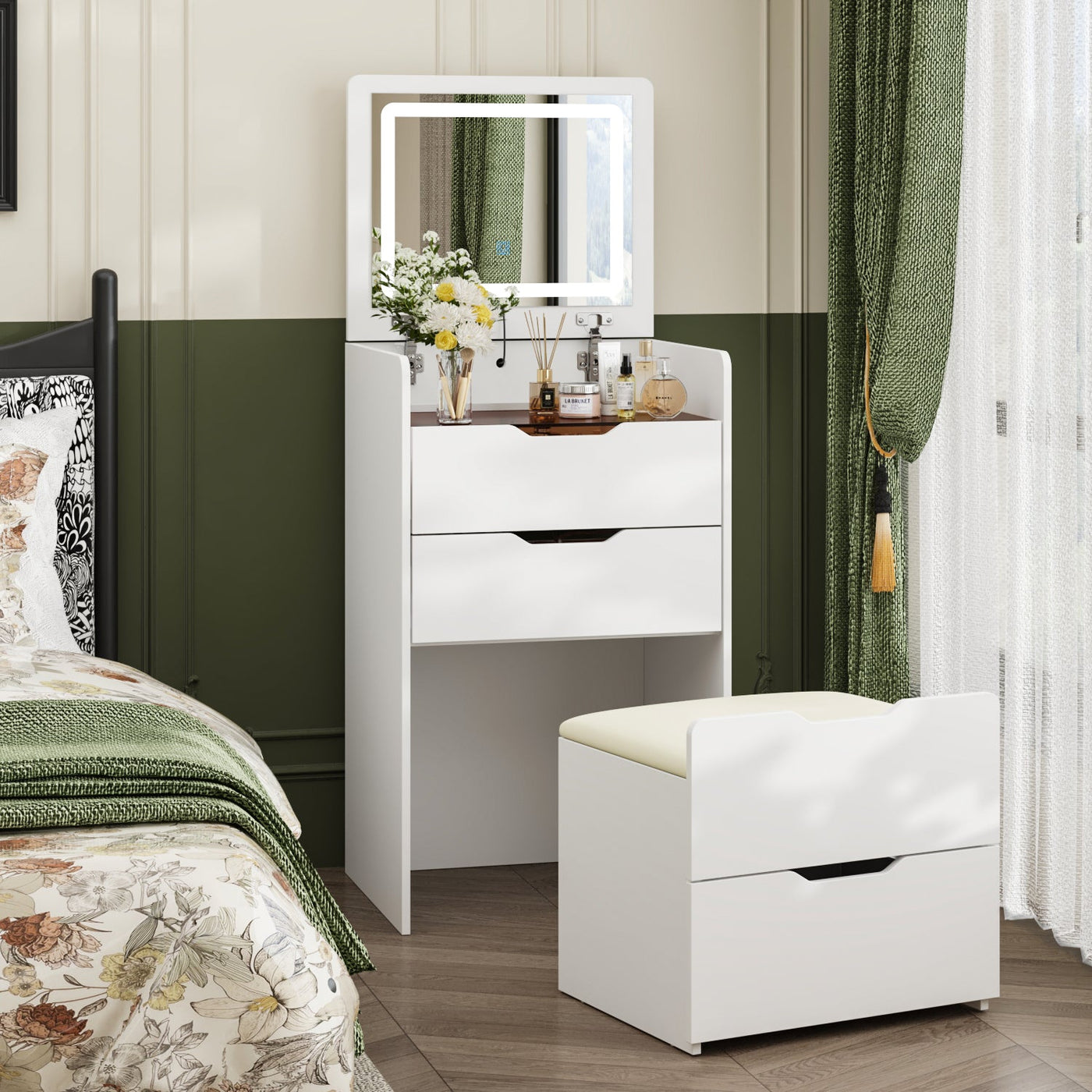 18.9" Modern White Vanity Desk With Light Flip Top Mirror And Comfortable Bench